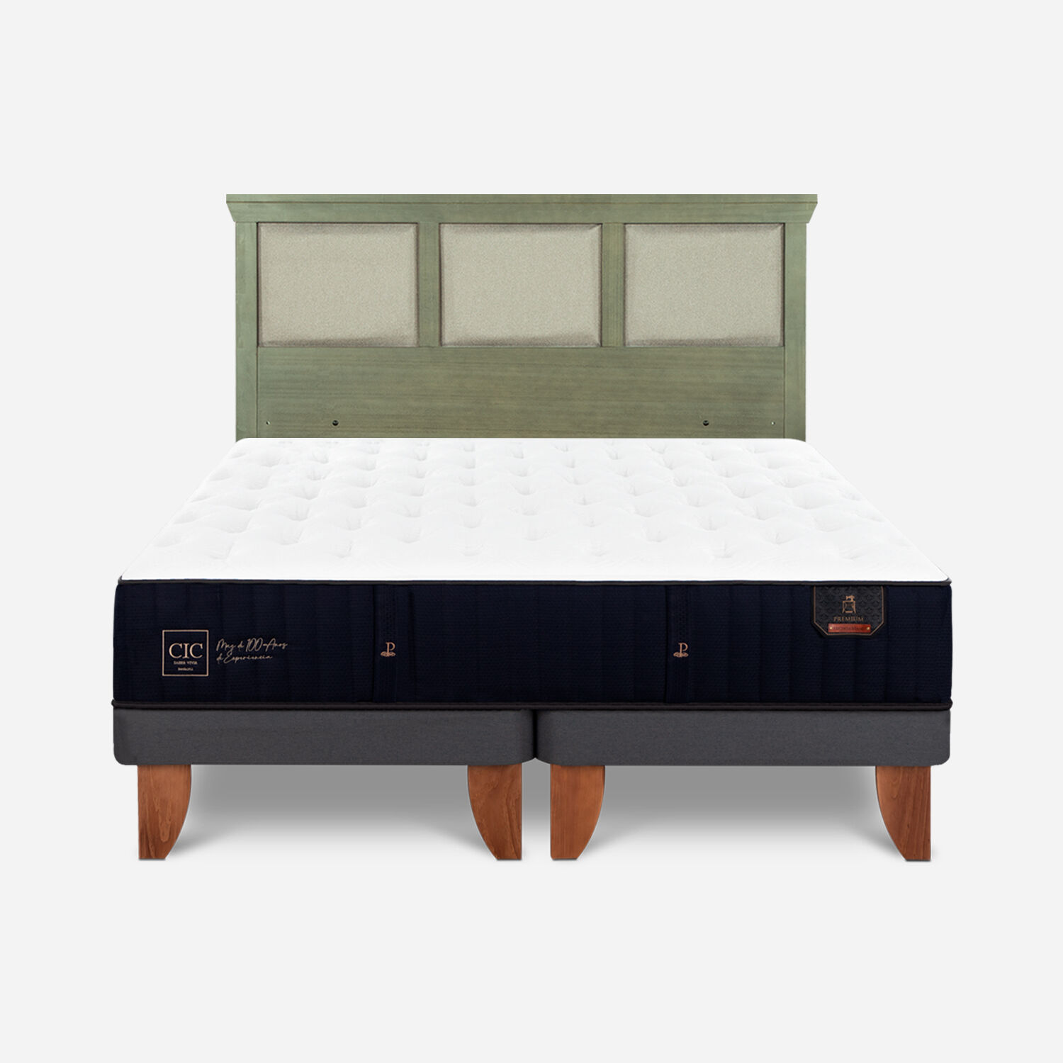 Cama Europea 2 Plazas Premium Base Dividida + Respaldo Torino Olivo