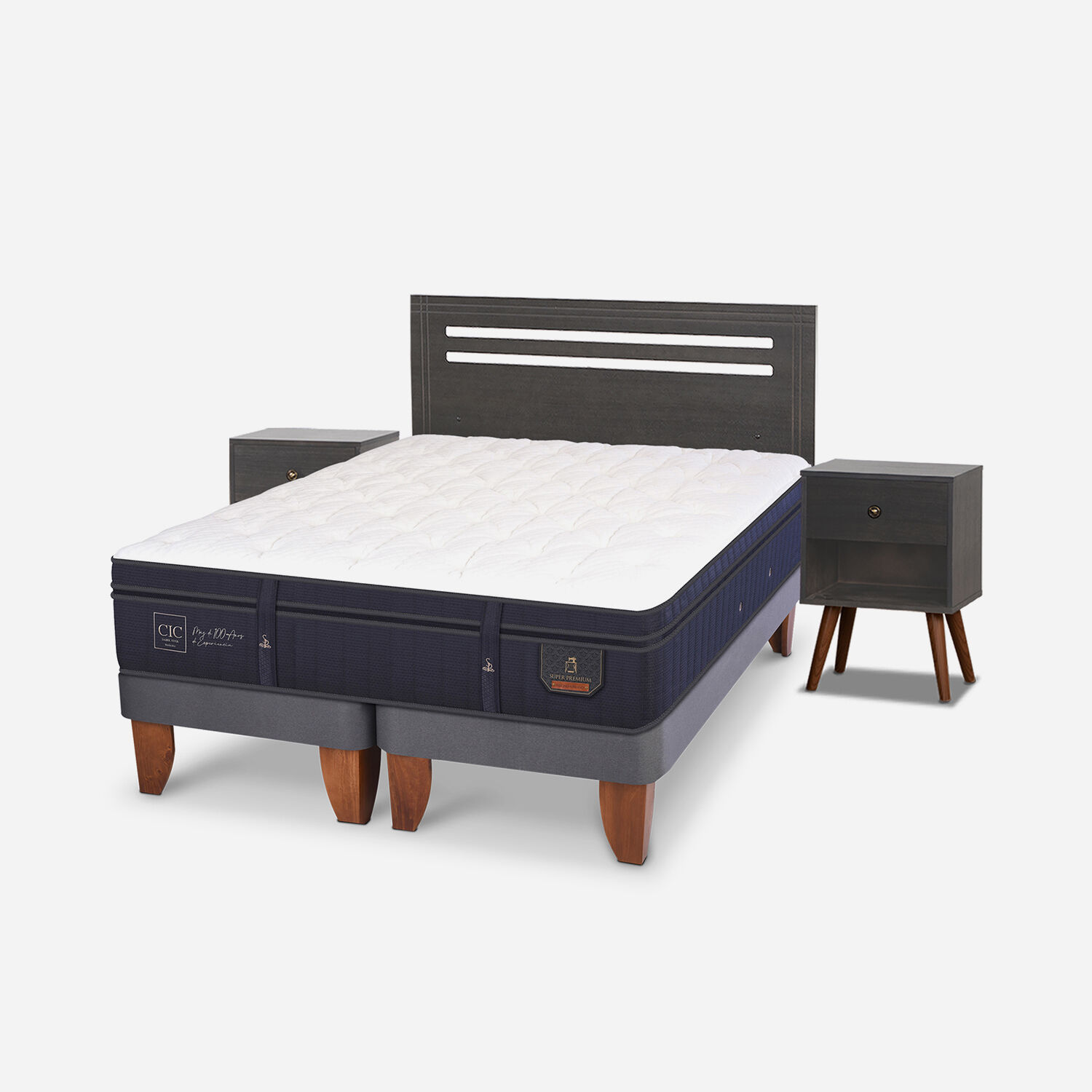 Cama Europea 2 Plazas Super Premium Base Dividida + Set M&uacute;nich Gris