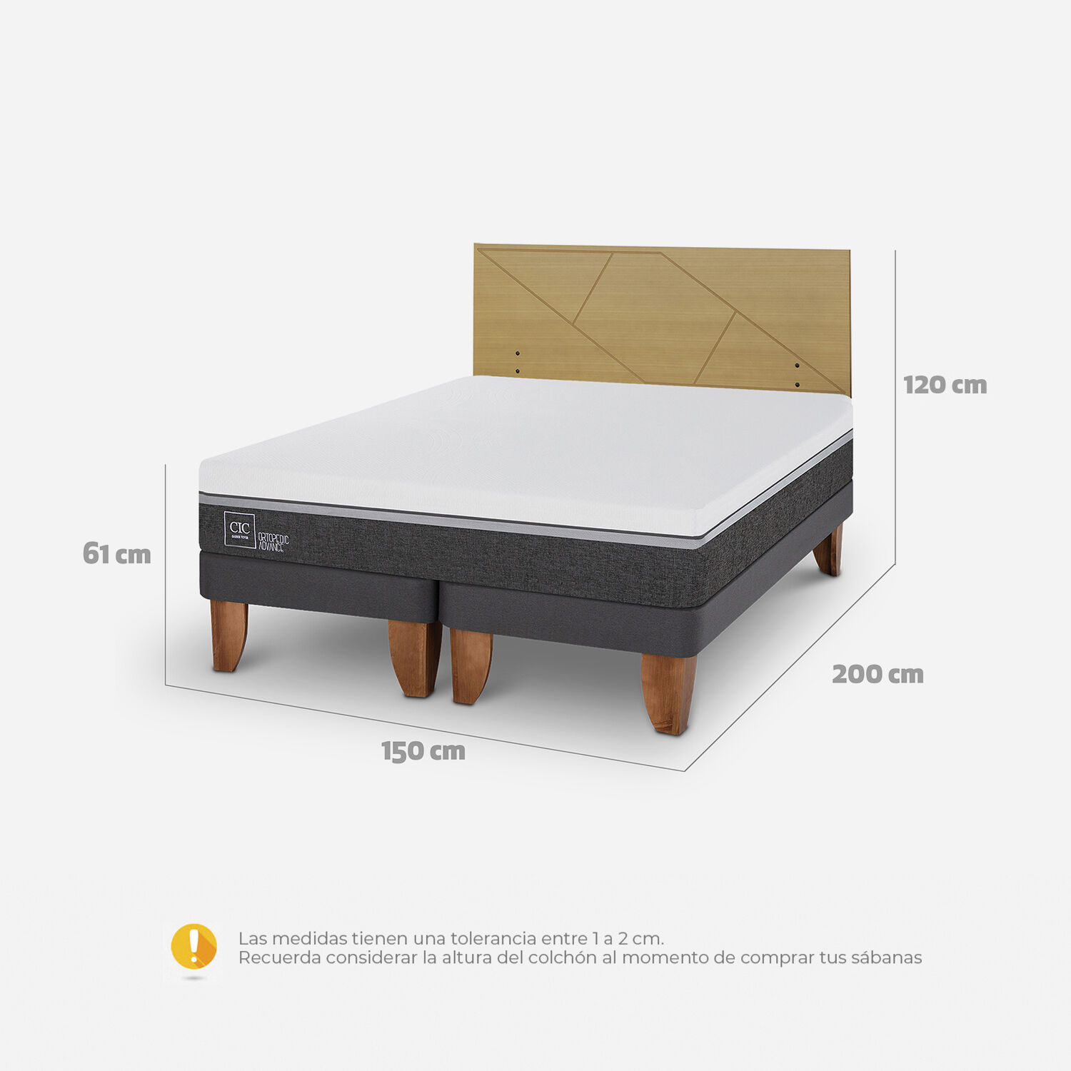 Cama Europea 2 Plazas Ortopedic Advance Base Dividida + Respaldo Villarrica Mostaza