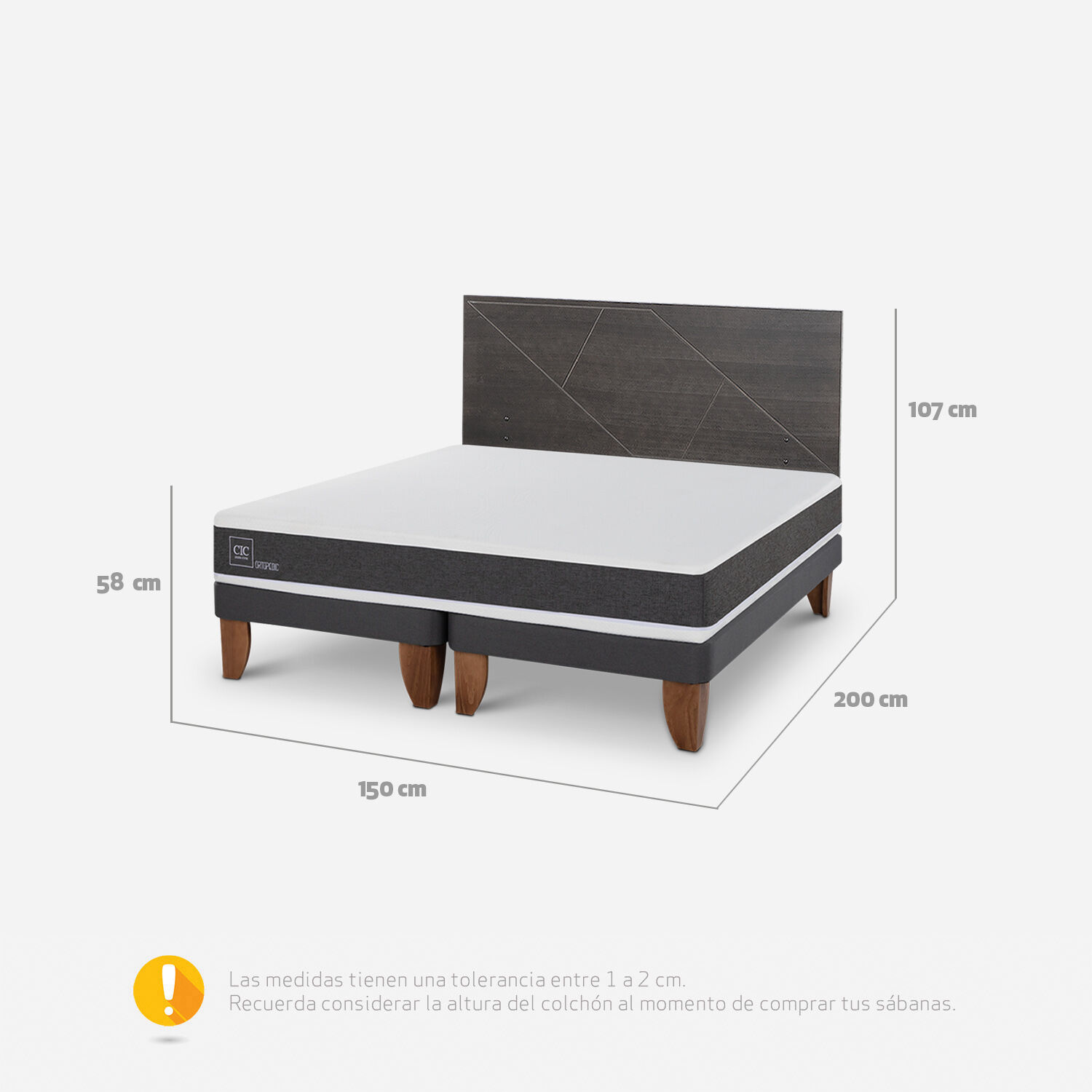 Cama Europea 2 Plazas Ortopedic Base Dividida + Respaldo Villarrica Gris