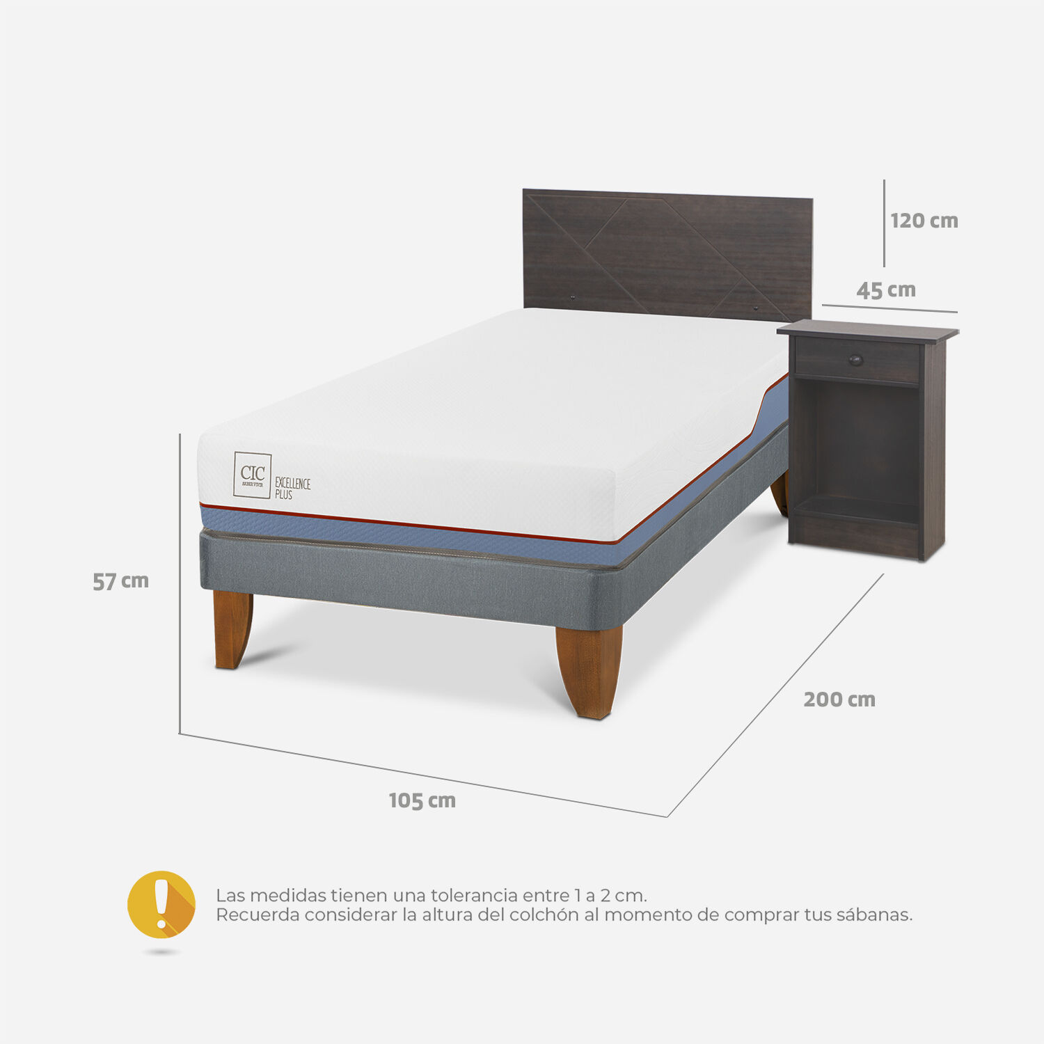 Cama Europea 1,5 Plazas Excellence Plus + Set Villarrica Gris