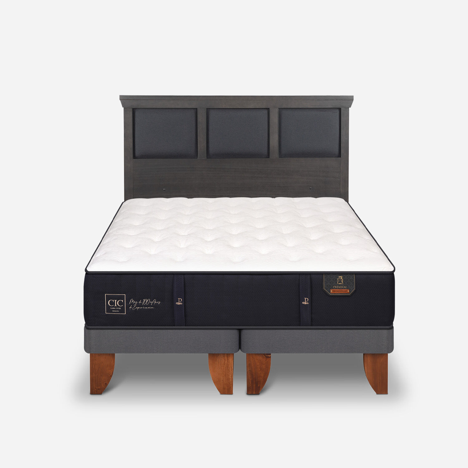 Cama Europea 2 Plazas Premium Base Dividida + Respaldo Torino Gris