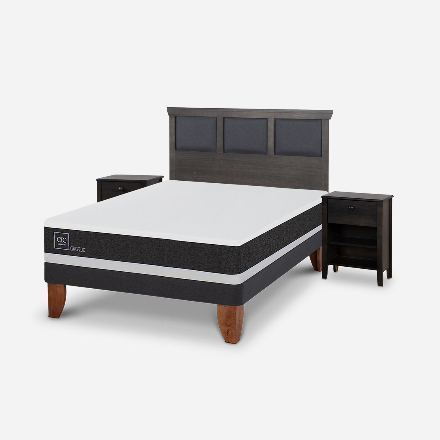Cama Europea 2 Plazas Ortopedic Base Normal + Set Torino Gris