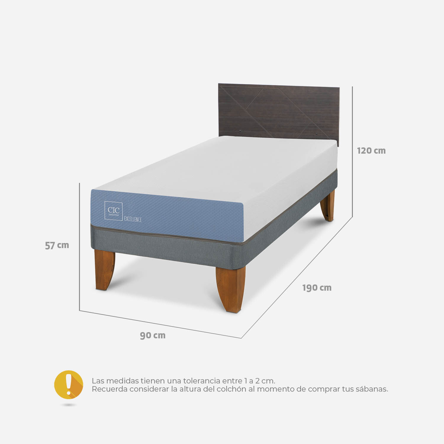 Cama Europea 1 Plaza Excellence + Respaldo Villarrica Gris