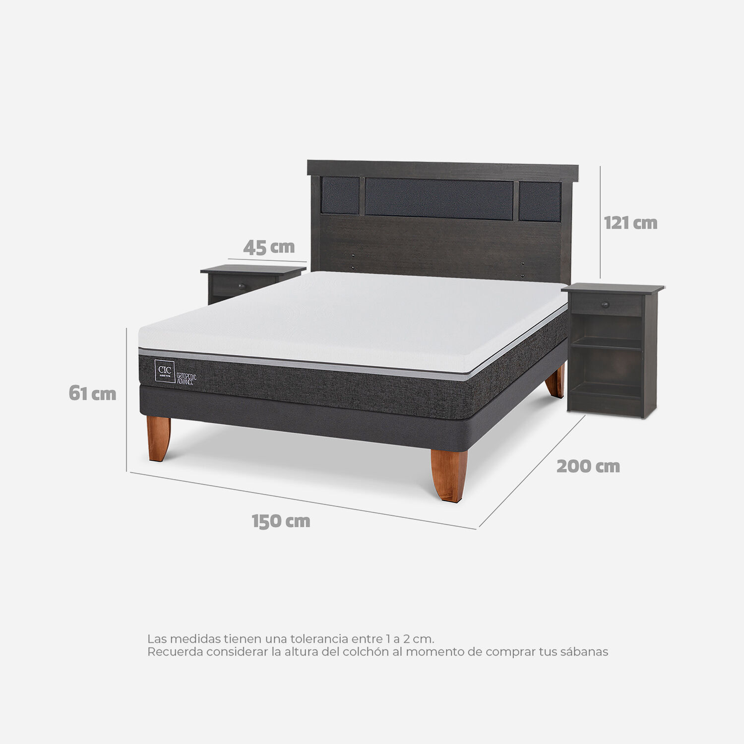 Cama Europea 2 Plazas Ortopedic Advance Base Normal + Set Dubl&iacute;n Gris
