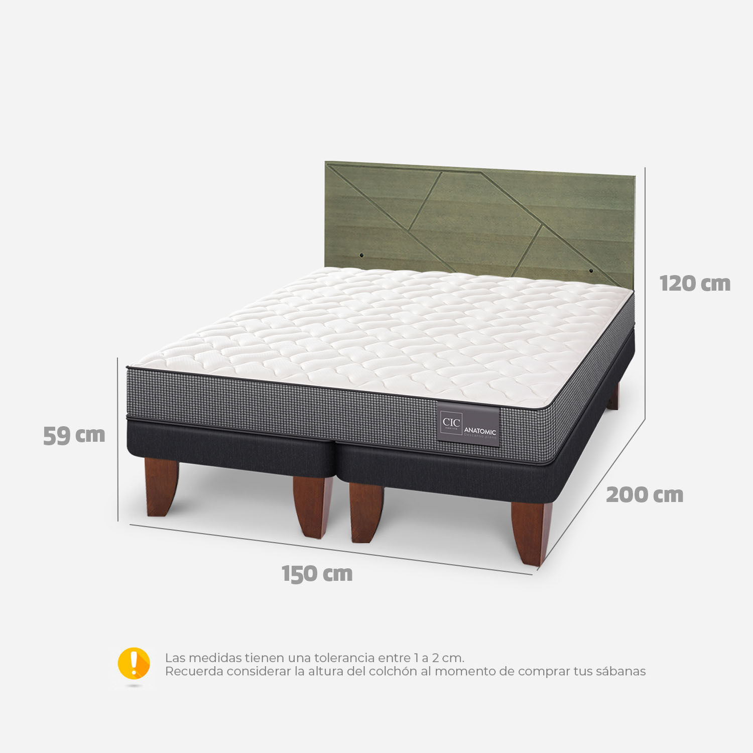 Cama Europea 2 Plazas Anatomic Base Dividida + Respaldo Villarrica Olivo
