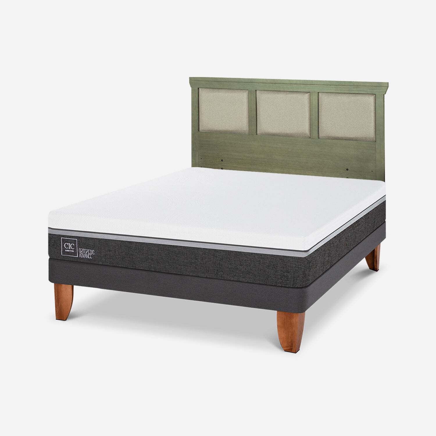 Cama Europea 2 Plazas Ortopedic Advance Base Normal + Respaldo Torino Olivo
