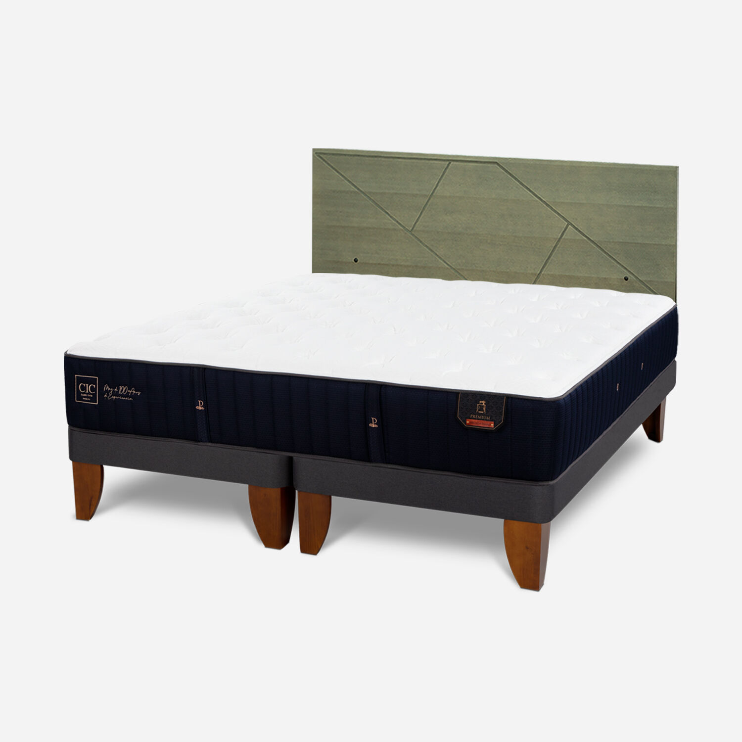 Cama Europea 2 Plazas Premium Base Dividida + Respaldo Villarrica Olivo