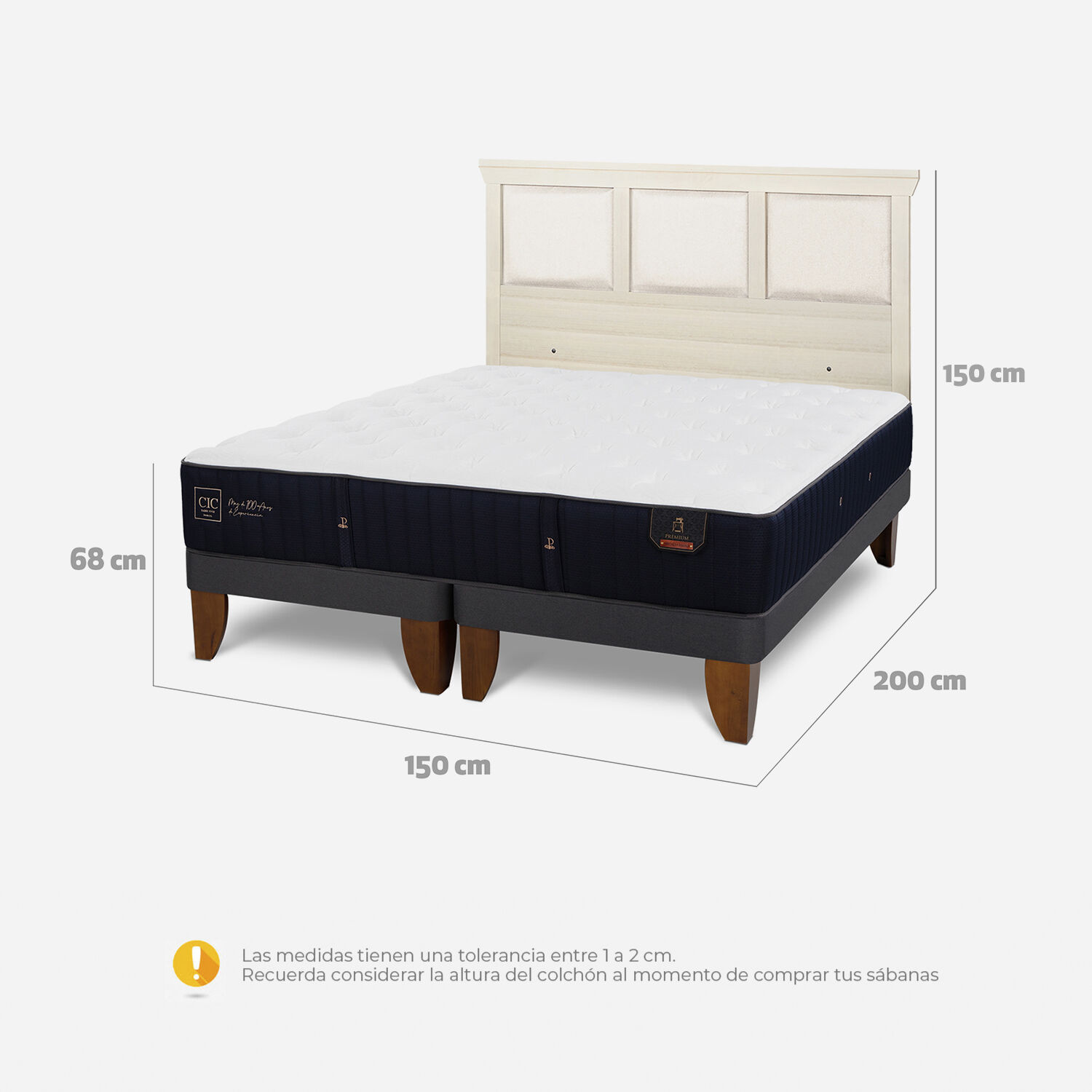 Cama Europea 2 Plazas Premium Base Dividida + Respaldo Torino Alpino