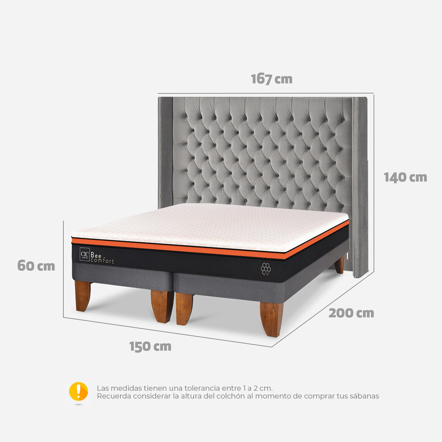 Cama Europea 2 Plazas Bee Comfort Base Dividida + Respaldo Sesia