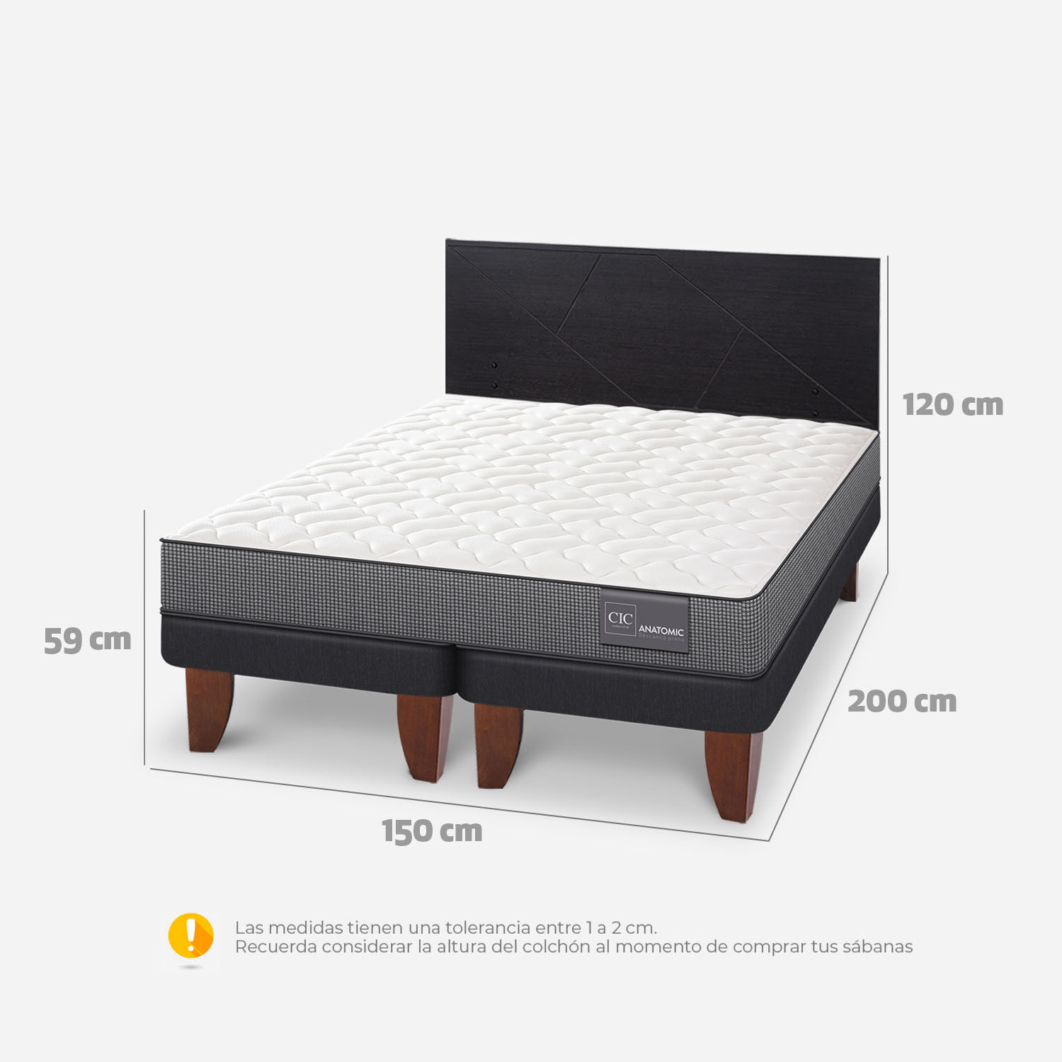 Cama Europea 2 Plazas Anatomic Base Dividida + Respaldo Villarrica Negro
