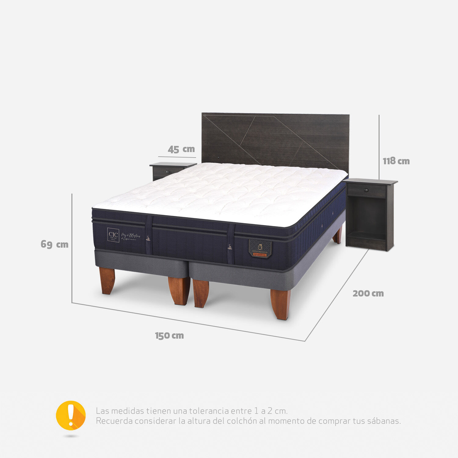 Cama Europea 2 Plazas Super Premium Base Dividida + Set Villarrica Gris