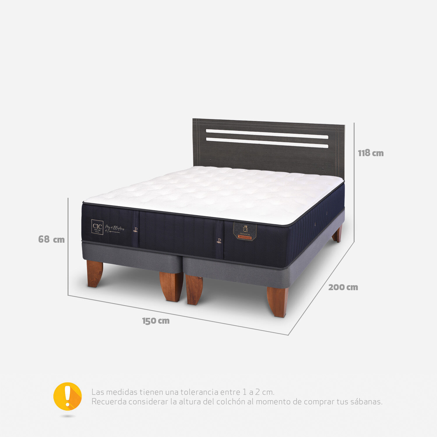 Cama Europea 2 Plazas Premium Base Dividida + Respaldo M&uacute;nich Gris