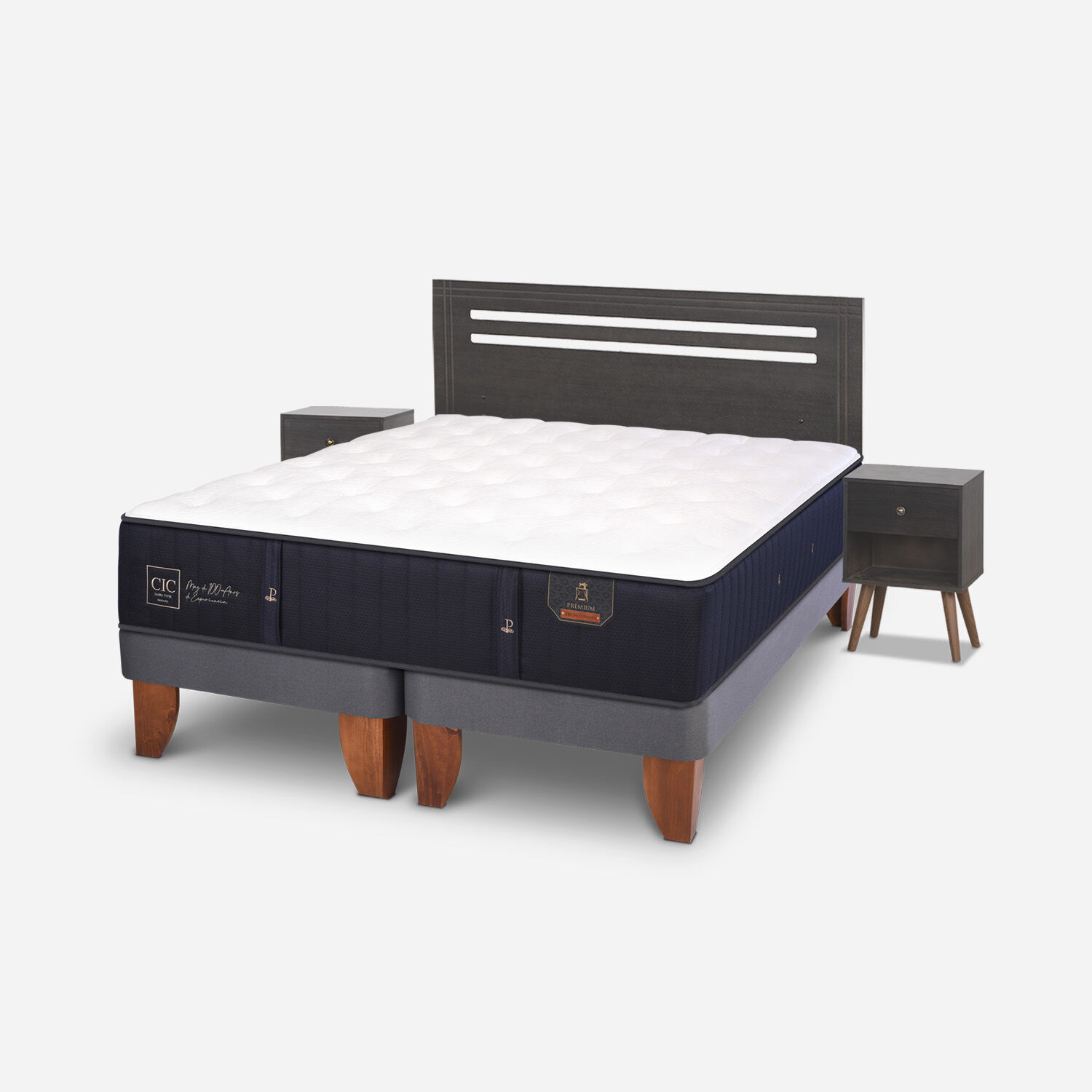 Cama Europea 2 Plazas Premium Base Dividida + Set M&uacute;nich Gris