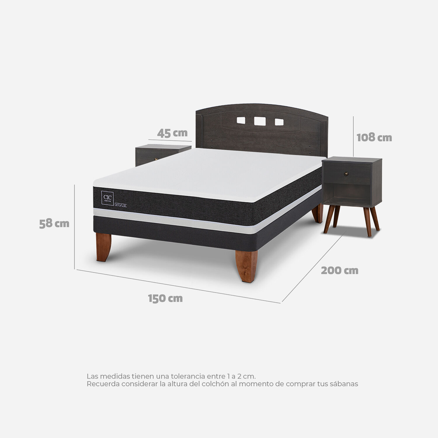 Cama Europea 2 Plazas Ortopedic Base Normal + Set Gales Gris