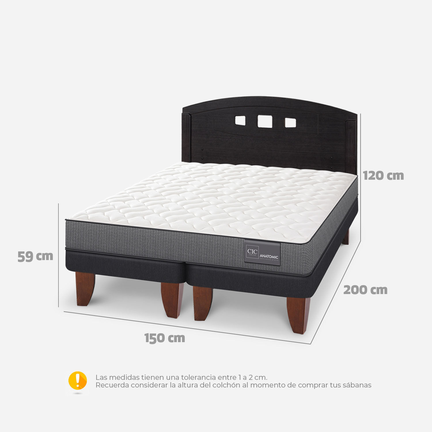 Cama Europea 2 Plazas Anatomic Base Dividida + Respaldo Gales Negro