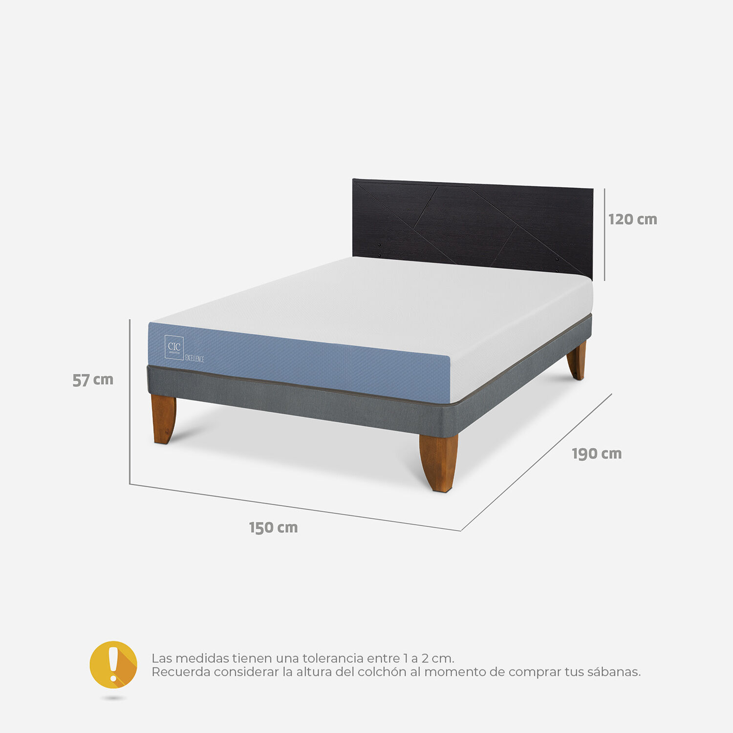 Cama Europea 2 Plazas Excellence Base Normal + Respaldo Villarrica Negro