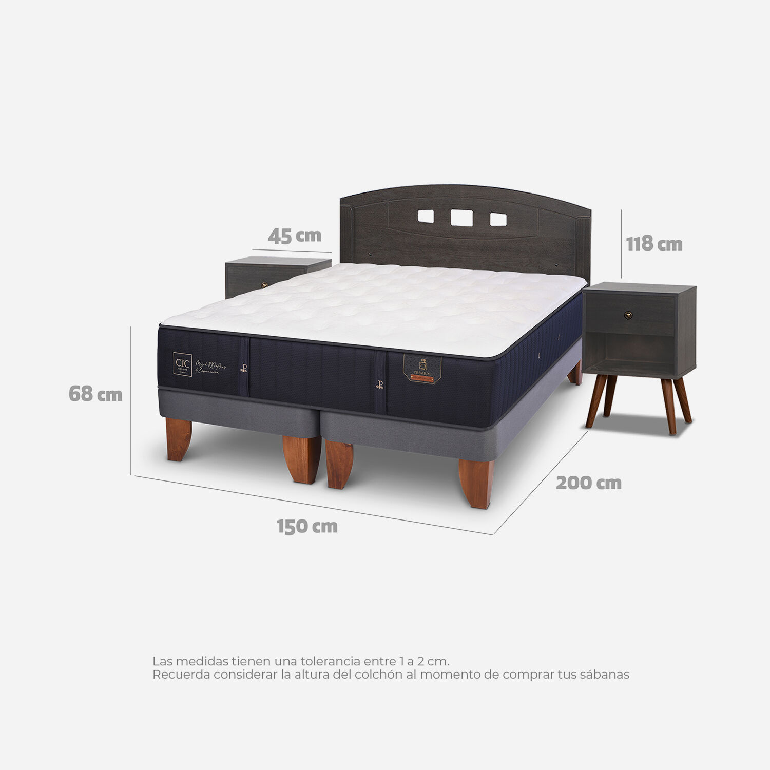 Cama Europea 2 Plazas Premium Base Dividida + Set Gales Gris