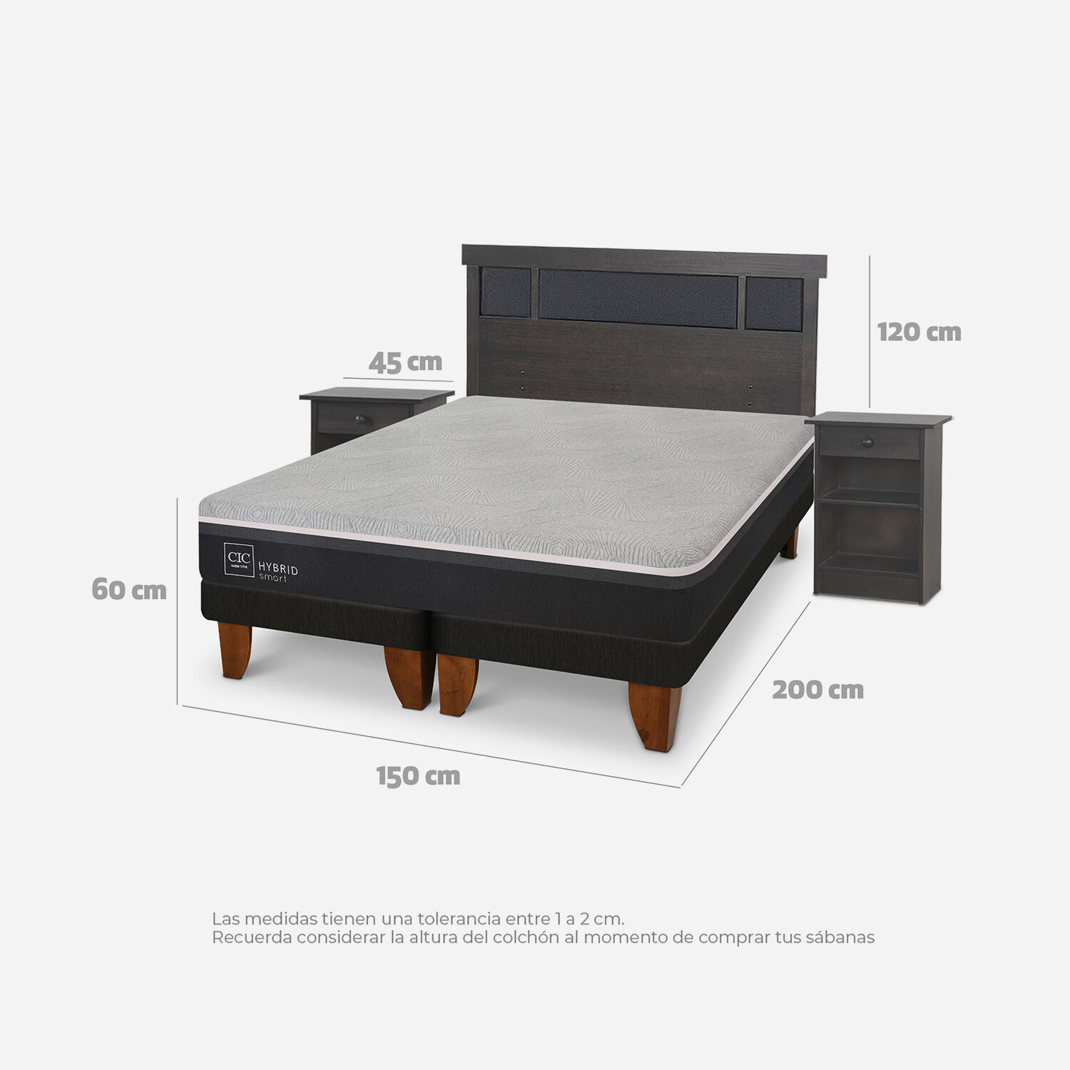 Cama Europea 2 Plazas Hybrid + Set Dubl&iacute;n Gris