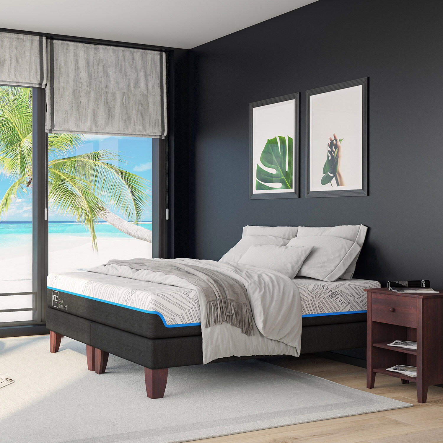 Cama Europea King Infinity Green Base Dividida + Set Mil&aacute;n Caramel