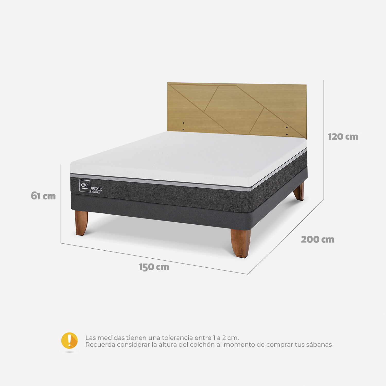 Cama Europea 2 Plazas Ortopedic Advance Base Normal + Respaldo Villarrica Mostaza