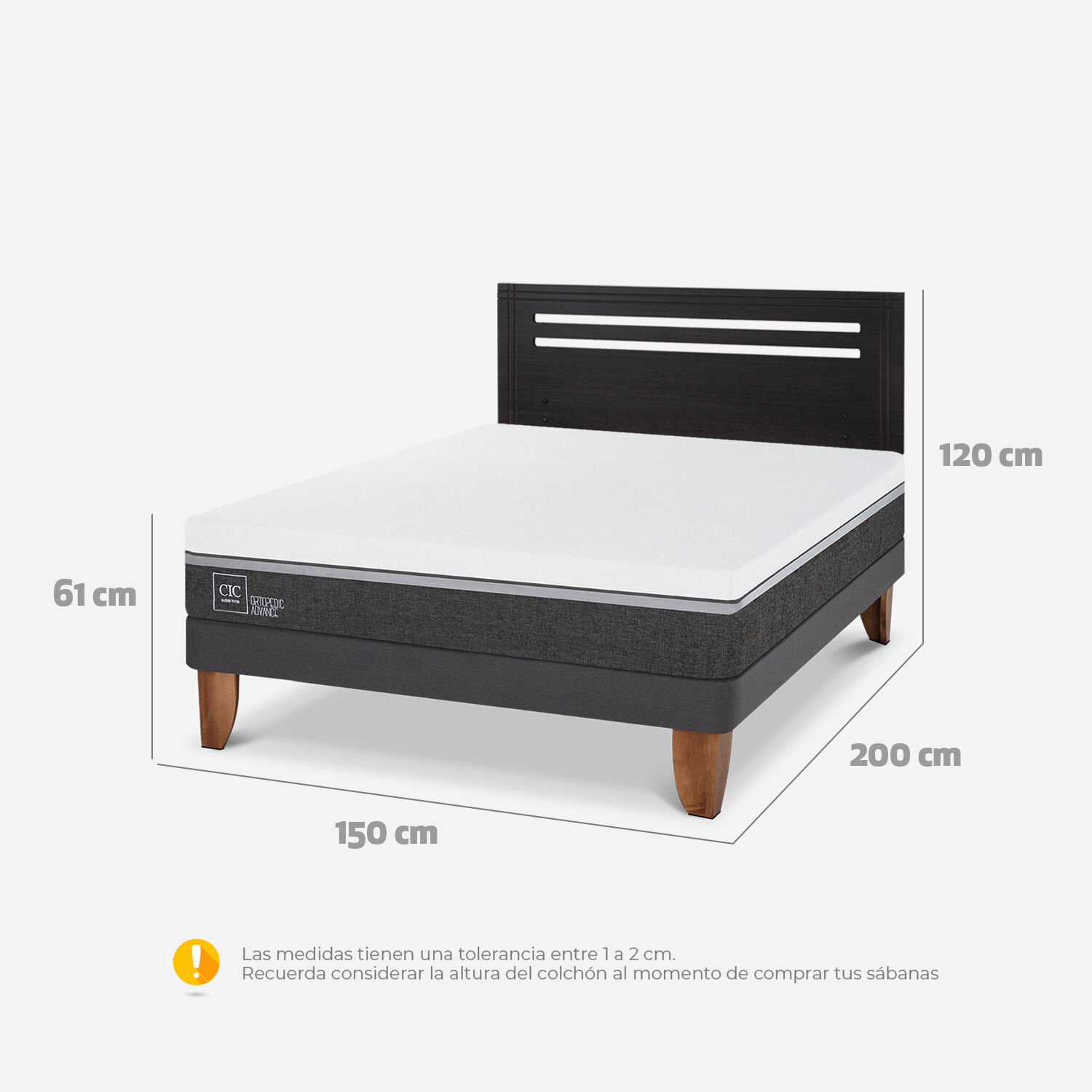 Cama Europea 2 Plazas Ortopedic Advance Base Normal + Respaldo M&uacute;nich Negro