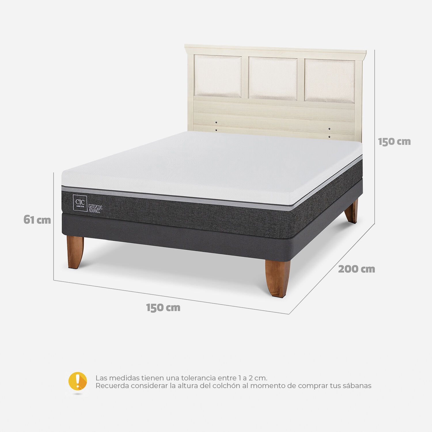 Cama Europea 2 Plazas Ortopedic Advance Base Normal + Respaldo Torino Alpino