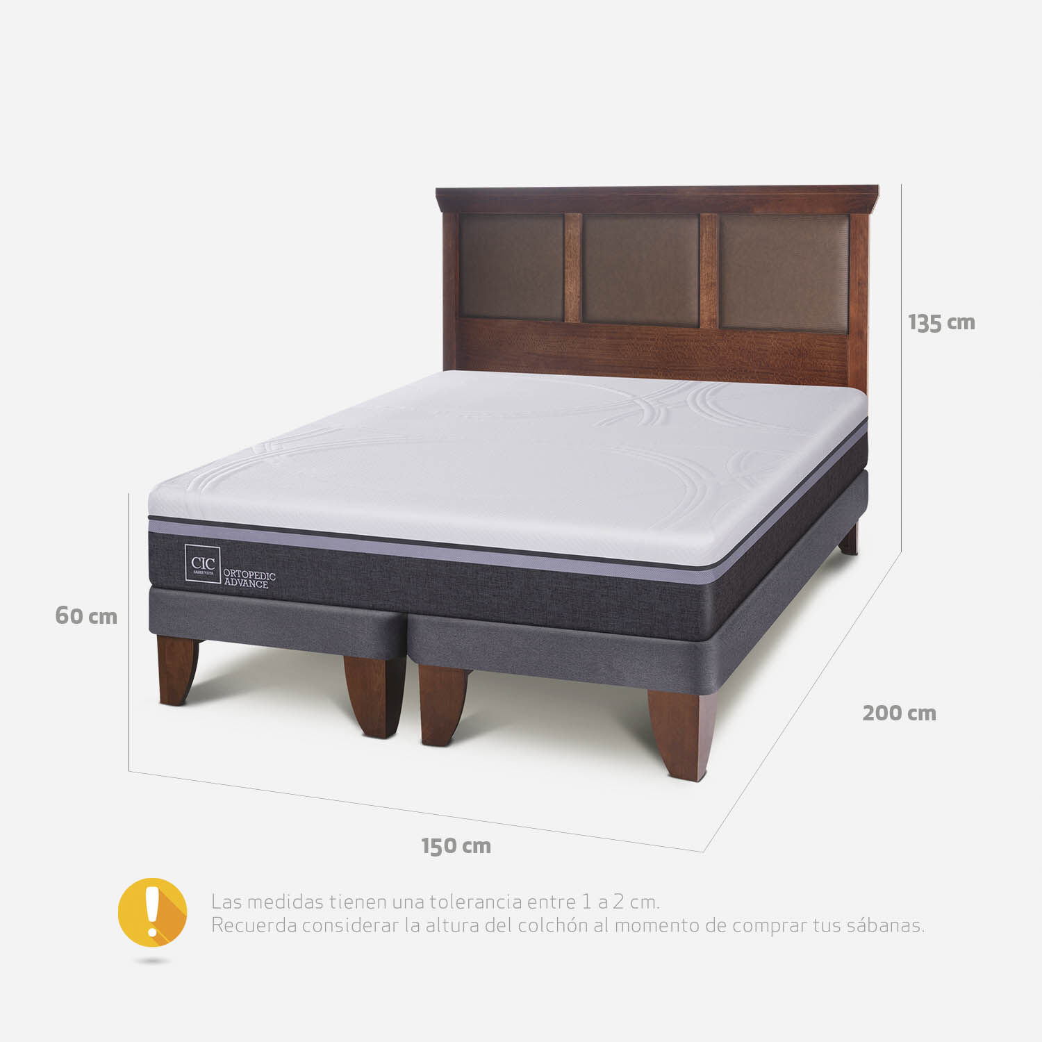 Cama Europea 2 Plazas Ortopedic Advance Base Dividida + Respaldo Torino Caramel