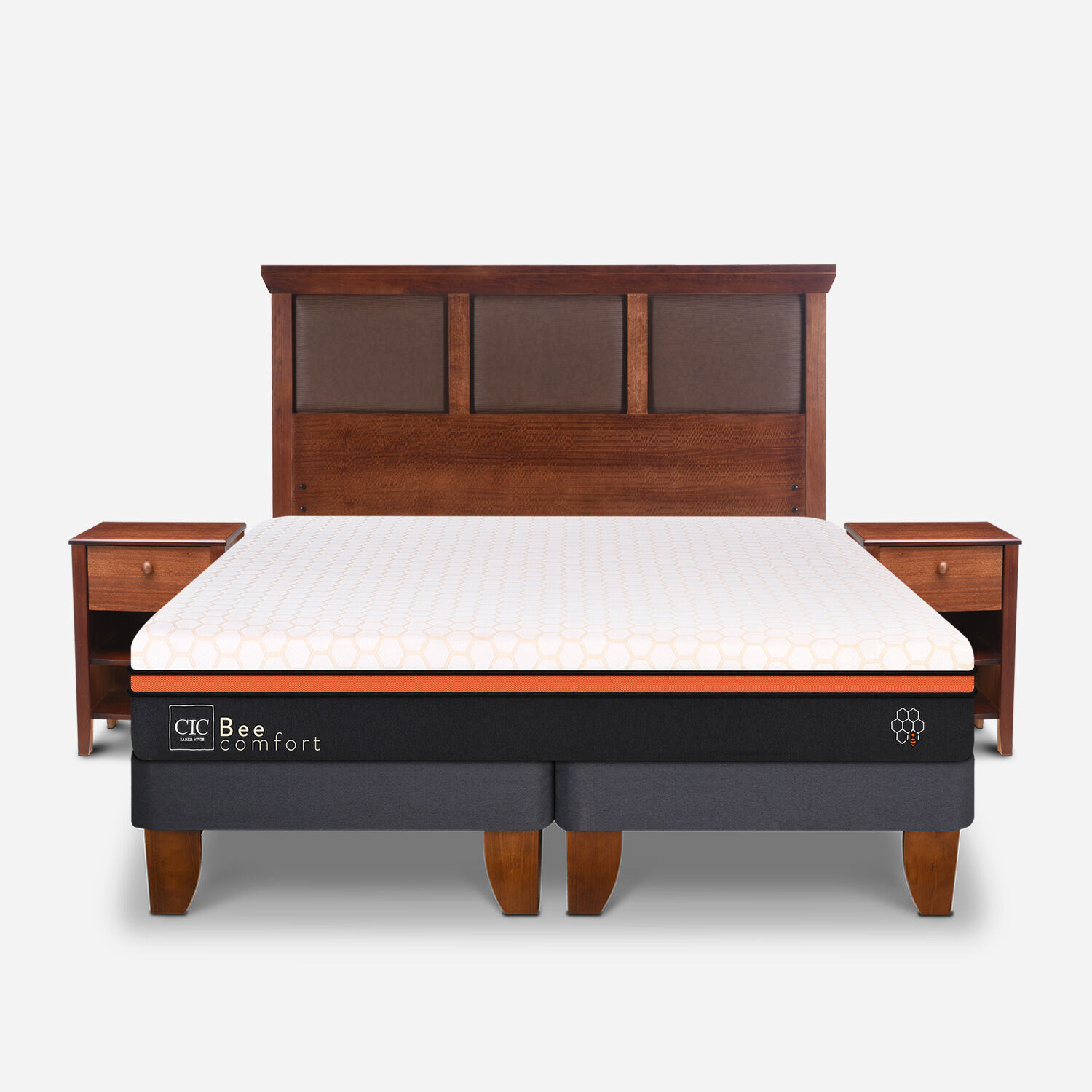 Cama Europea King Bee Comfort + Set Torino Caramel