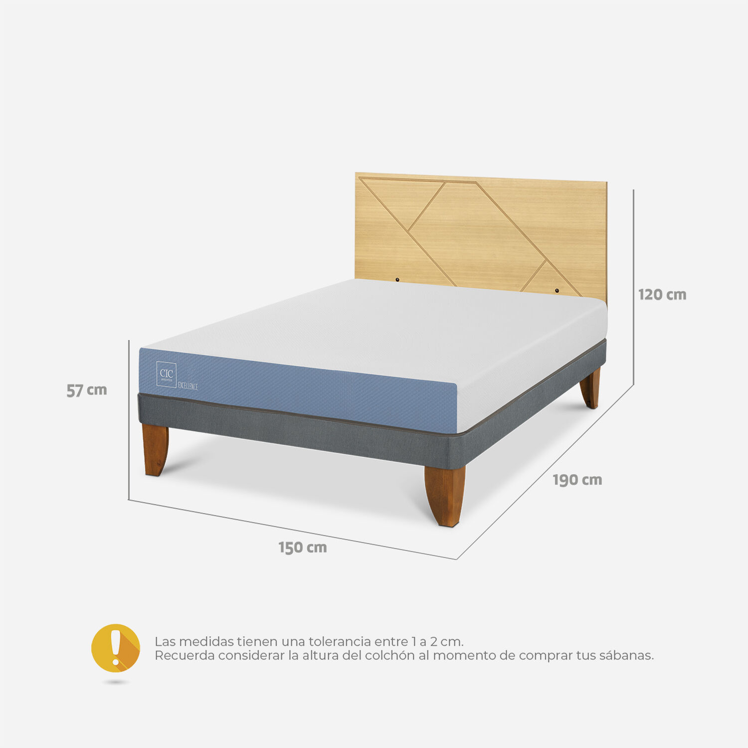 Cama Europea 2 Plazas Excellence Base Normal + Respaldo Villarrica Mostaza