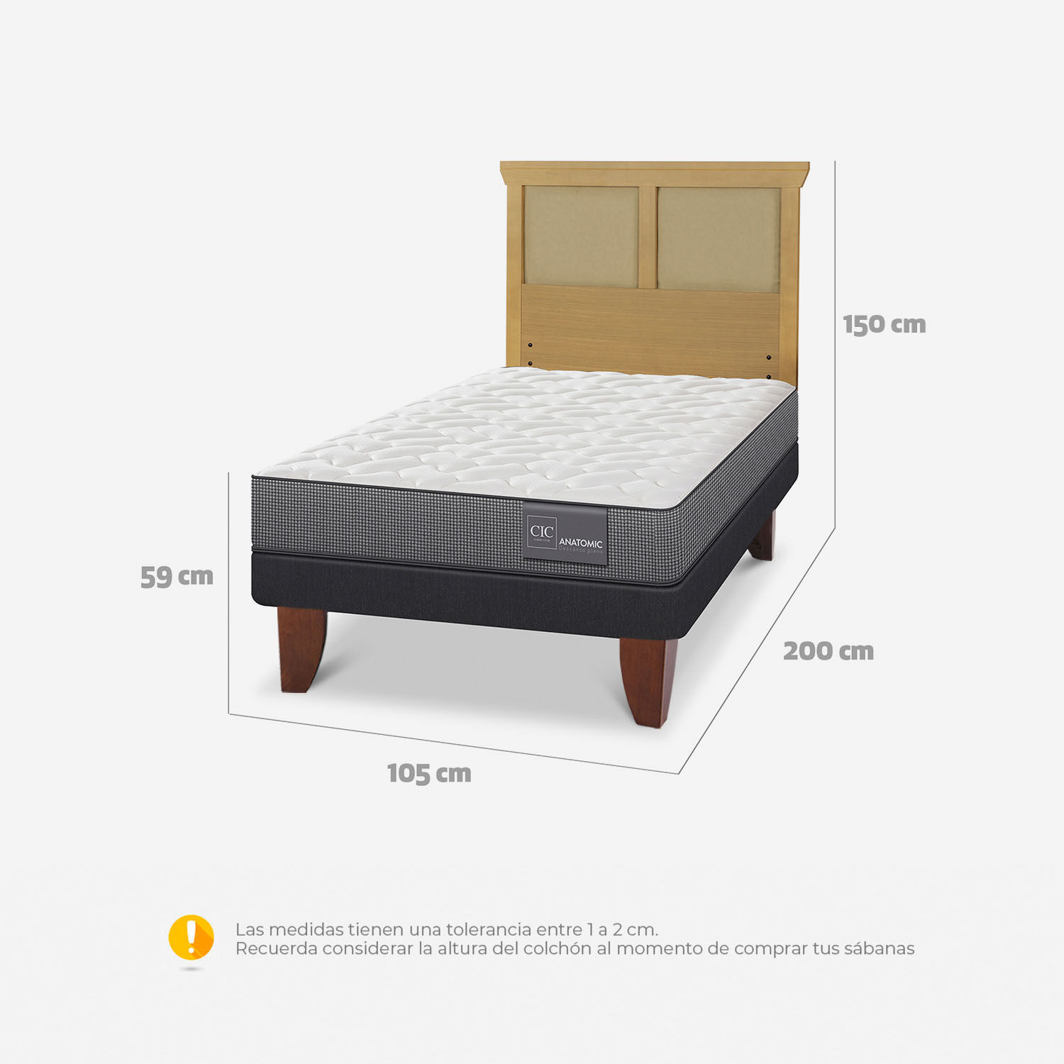 Cama Europea 1,5 Plazas Anatomic + Respaldo Torino Mostaza