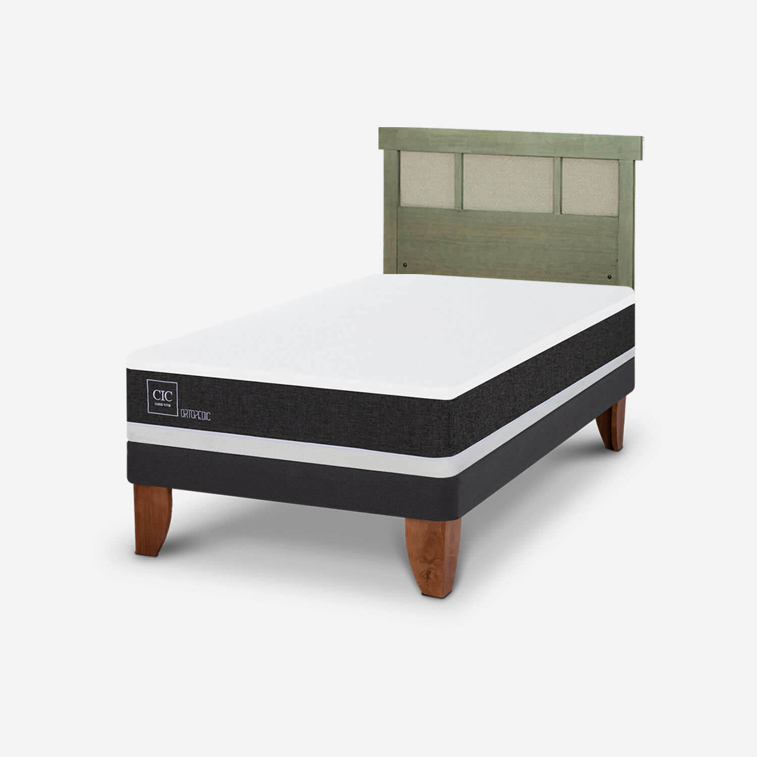 Cama Europea 1,5 Plazas Ortopedic + Respaldo Dubl&iacute;n Olivo