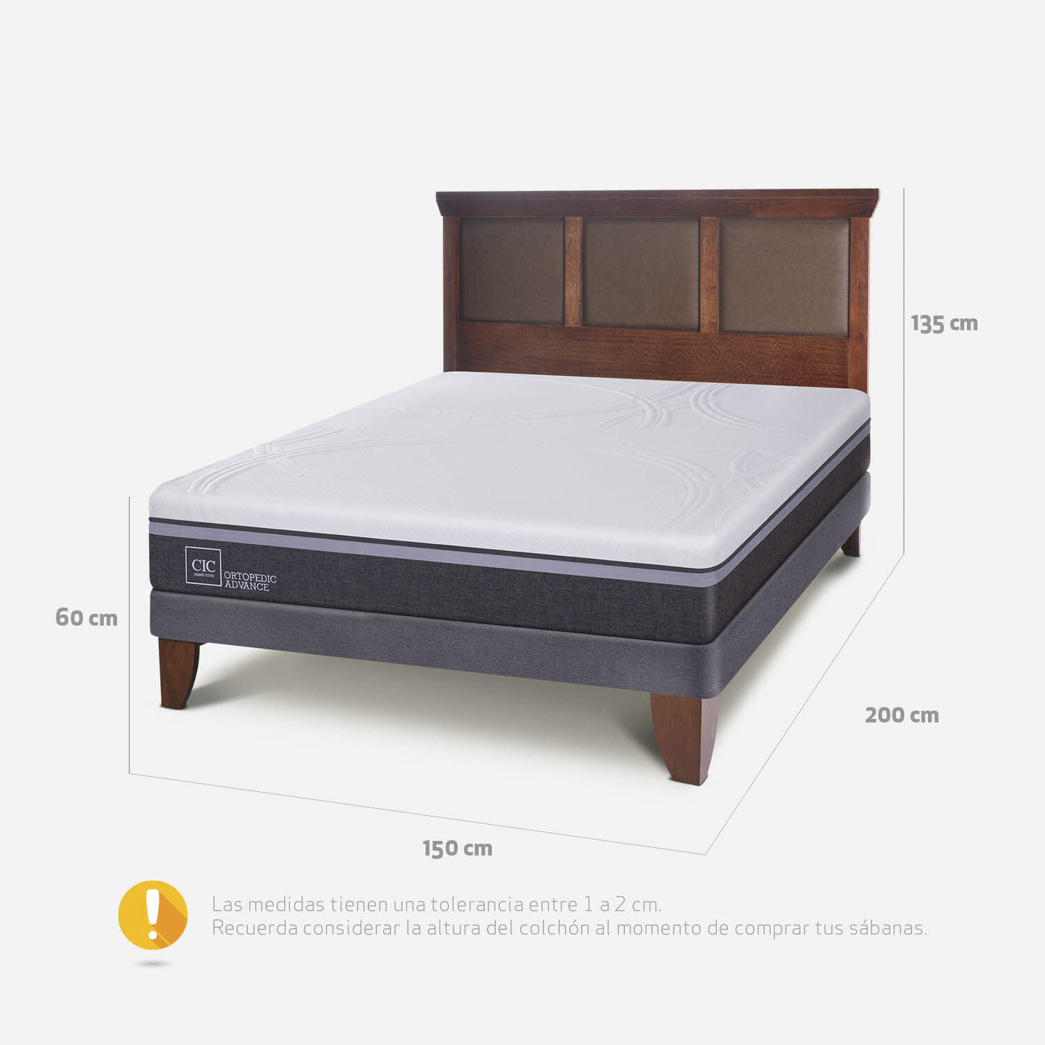 Cama Europea 2 Plazas Ortopedic Advance Base Normal + Respaldo Torino Caramel