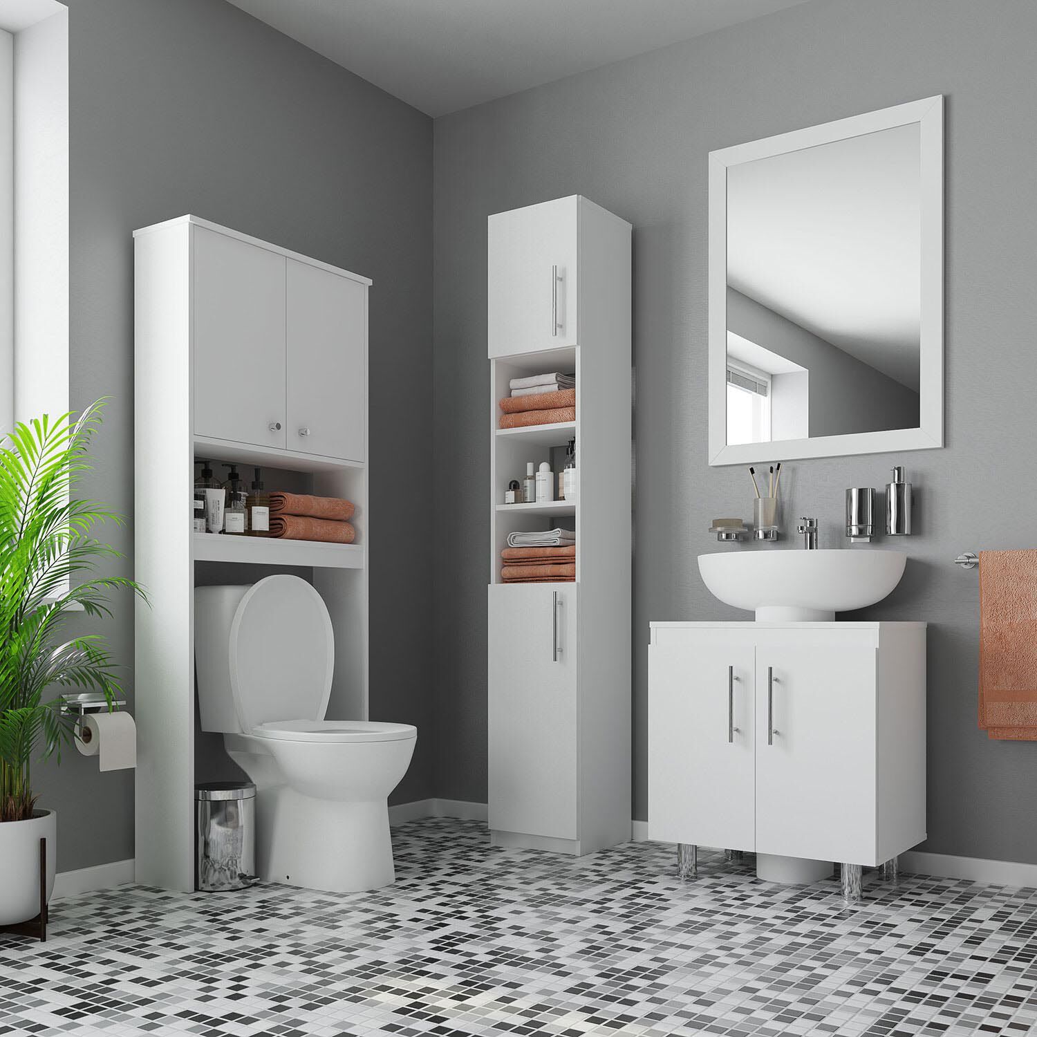Set de Ba&ntilde;o Estante 2 Puertas 1 Repisa + Vanitorio + Estante Organizador Blanco