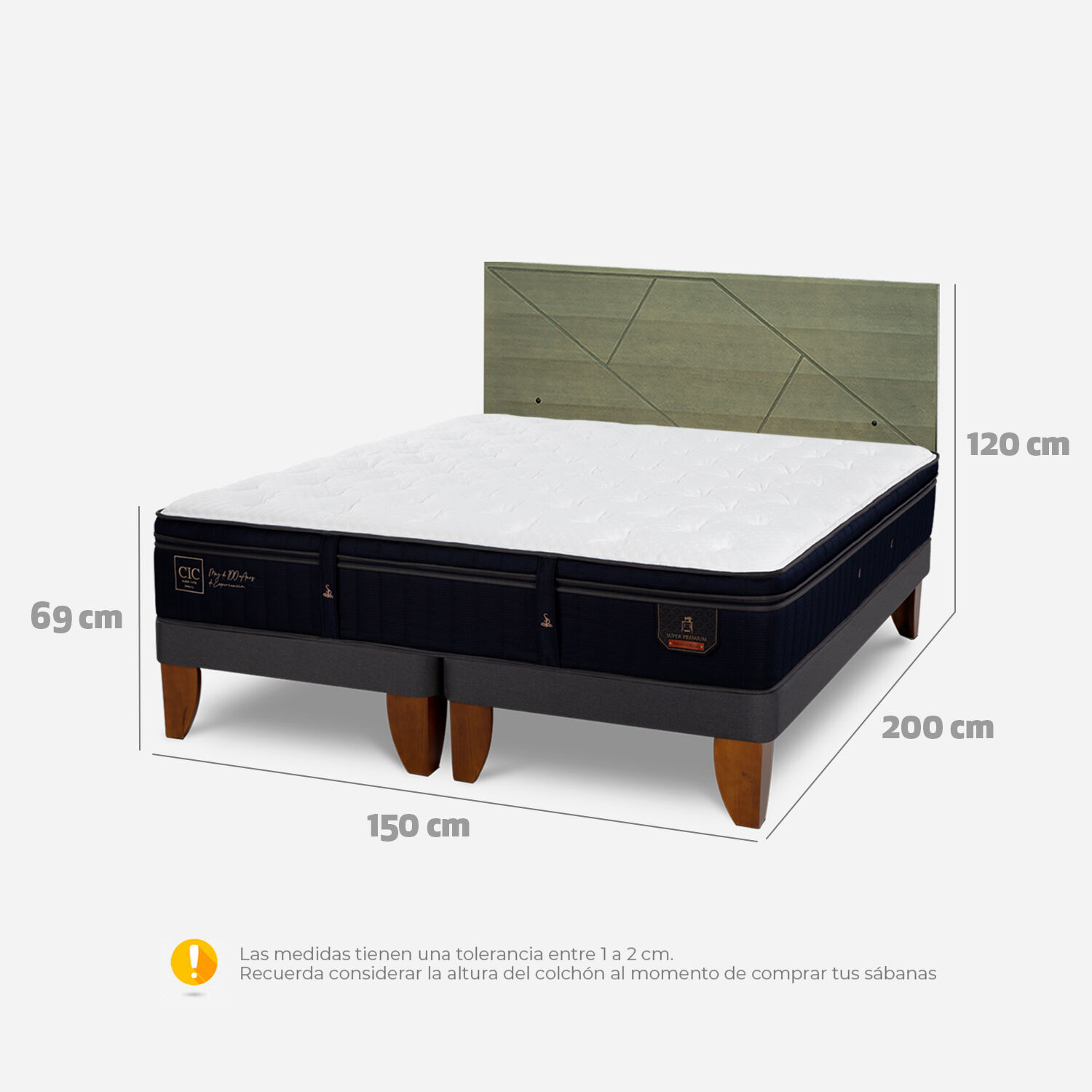 Cama Europea 2 Plazas Super Premium Base Dividida + Respaldo Villarrica Olivo
