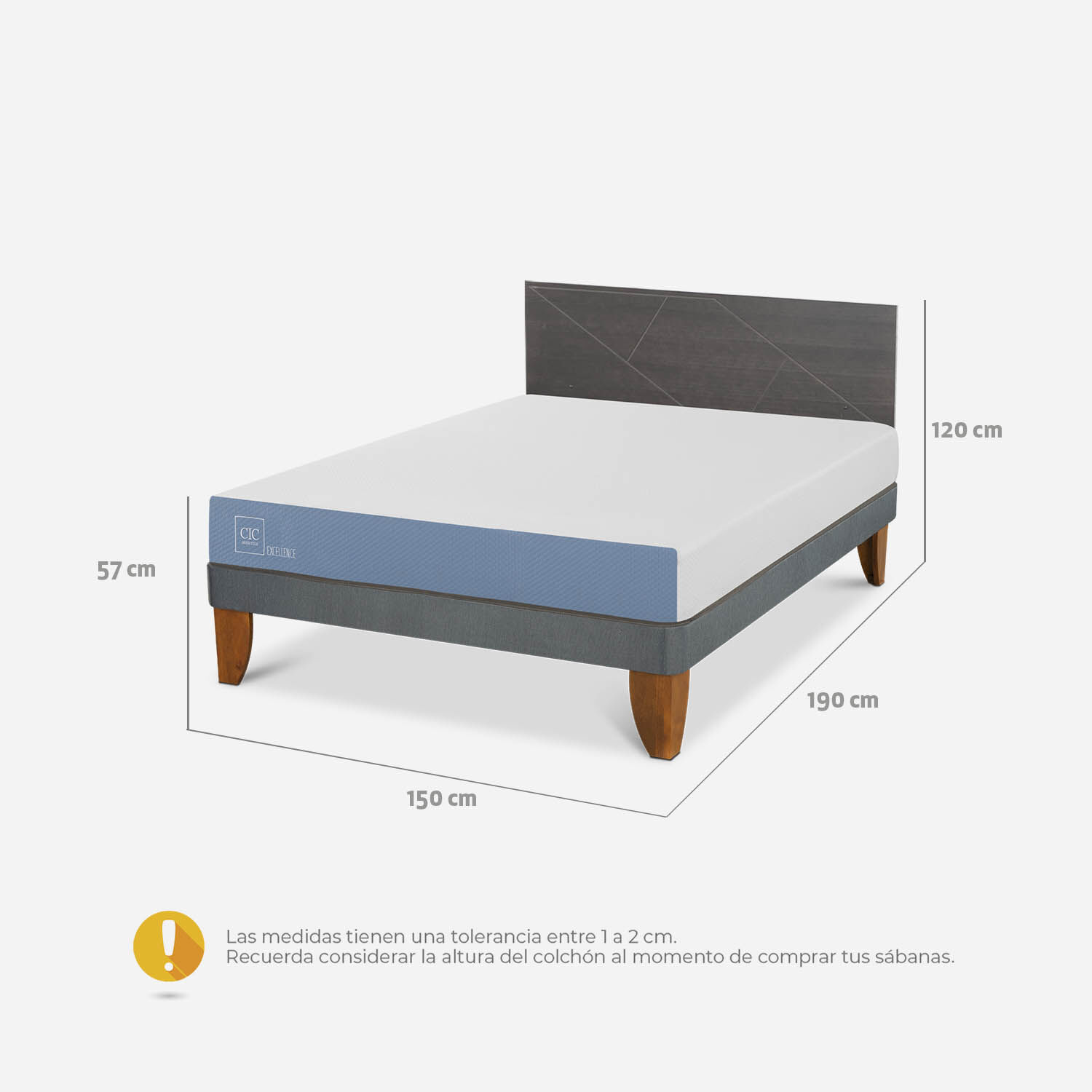 Cama Europea 2 Plazas Excellence Base Normal + Respaldo Villarrica Gris