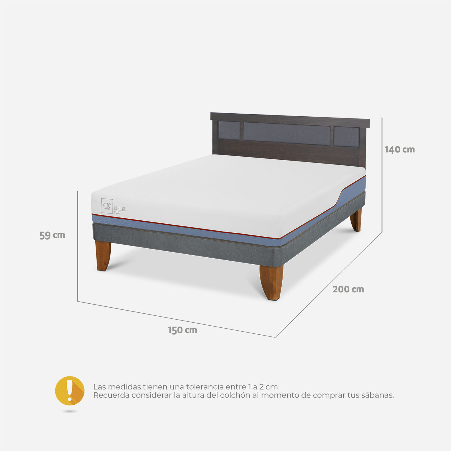 Cama Europea 2 Plazas Excellence Plus Base Normal + Respaldo Dubl&iacute;n Gris