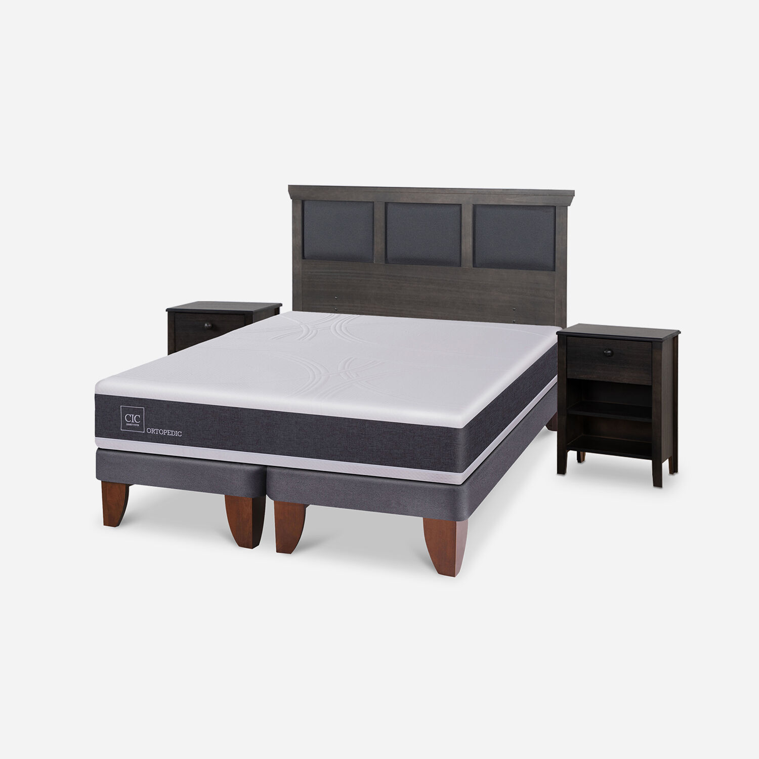 Cama Europea 2 Plazas Ortopedic Base Dividida + Set Torino Gris