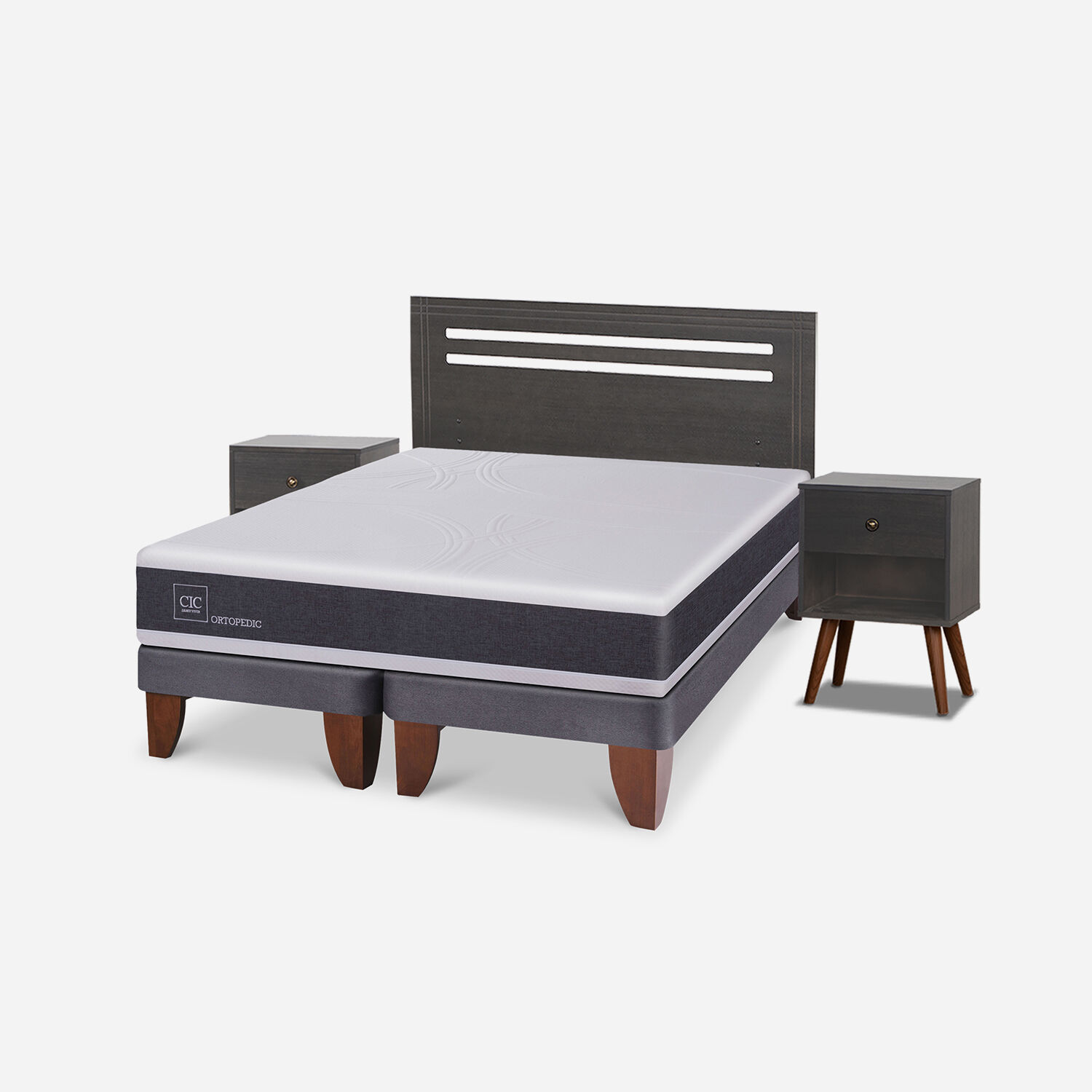 Cama Europea 2 Plazas Ortopedic Base Dividida + Set M&uacute;nich Gris
