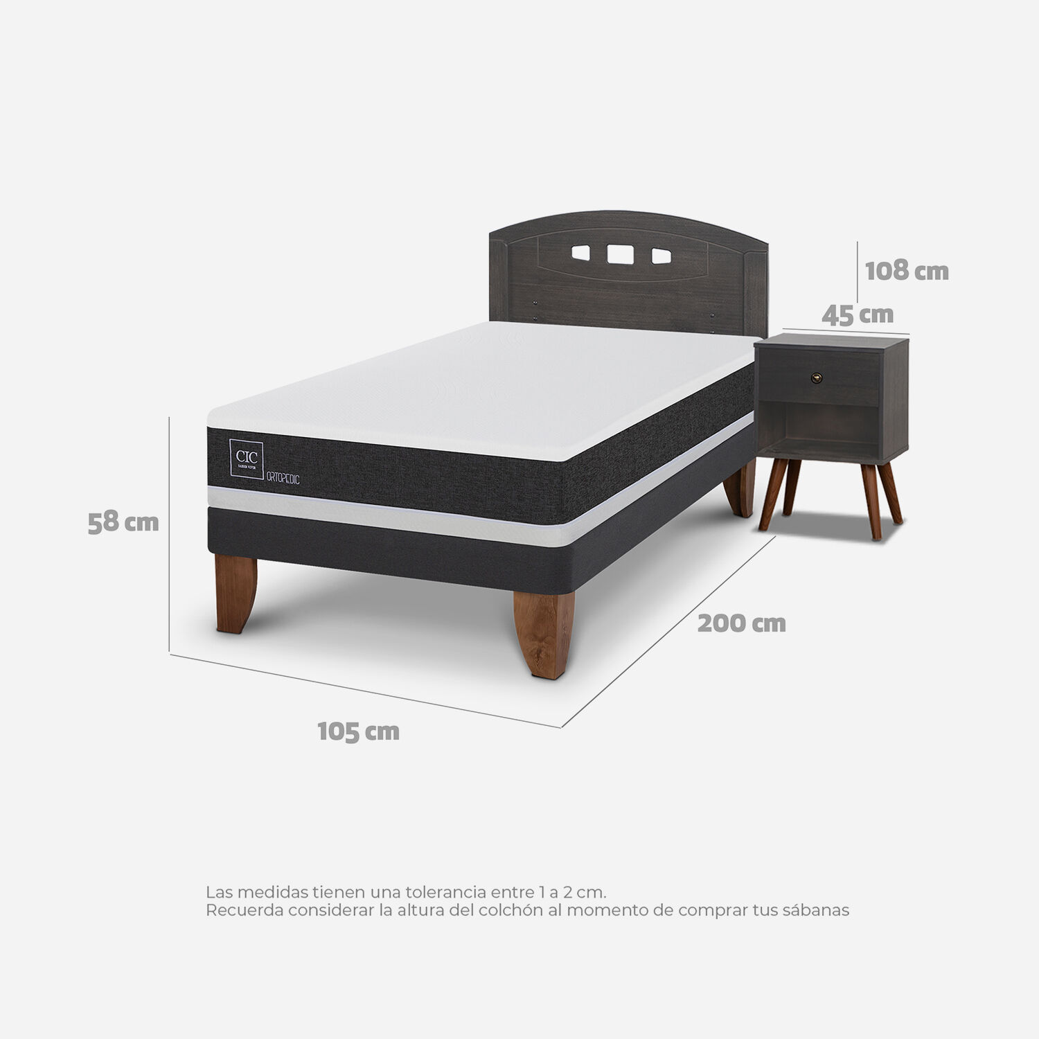 Cama Europea 1,5 Plazas Ortopedic + Set Gales Gris