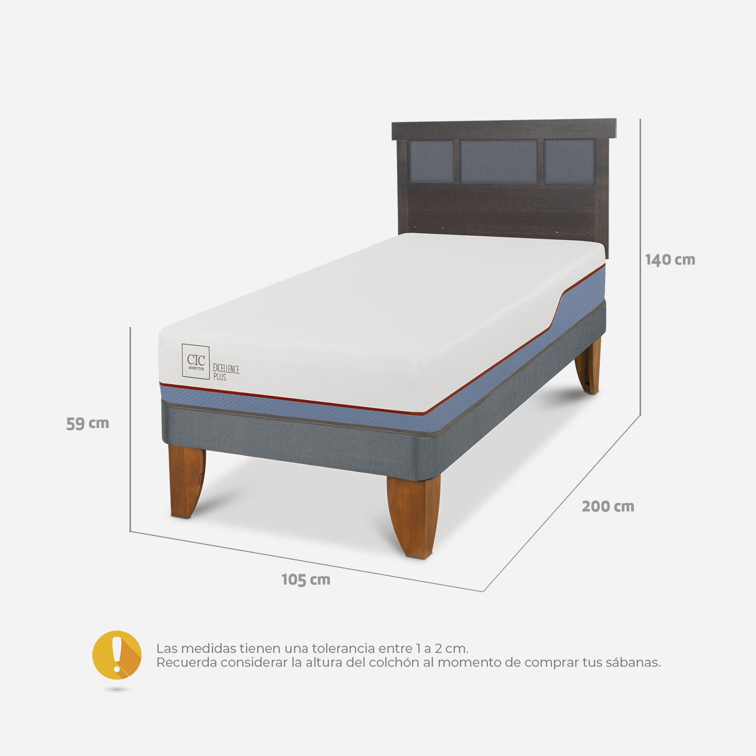 Cama Europea 1,5 Plazas Excellence Plus + Respaldo Dubl&iacute;n Gris