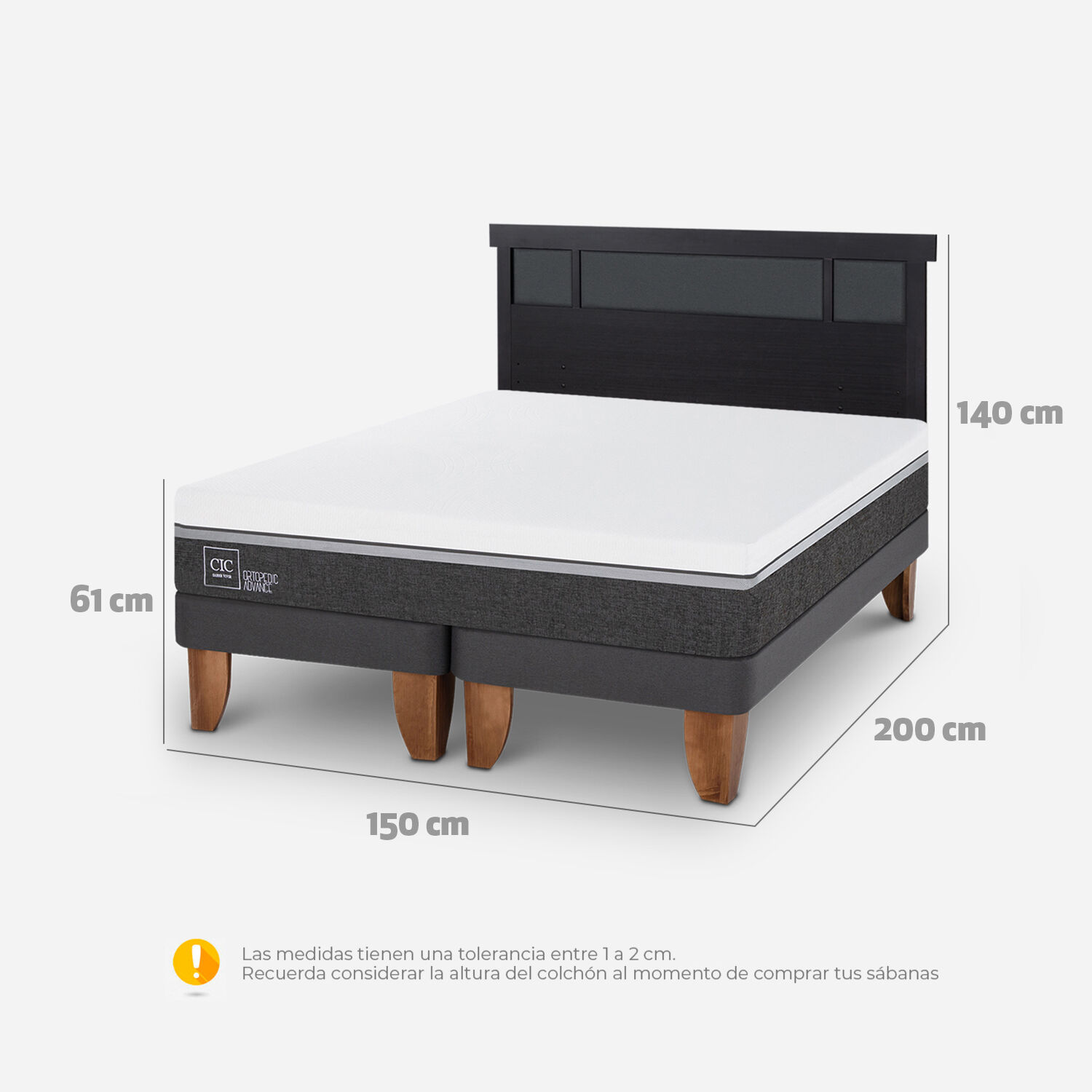Cama Europea 2 Plazas Ortopedic Advance Base Dividida + Respaldo Dubl&iacute;n Negro