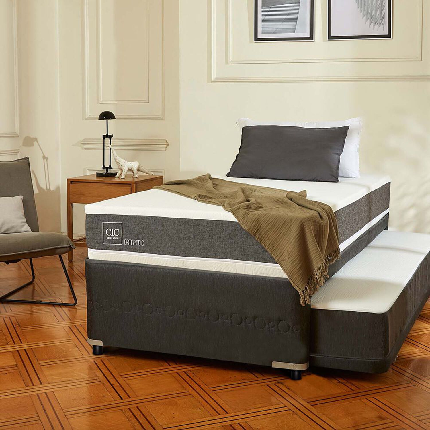 Cama Nido Div&aacute;n Ortopedic + Respaldo Villarrica Mostaza