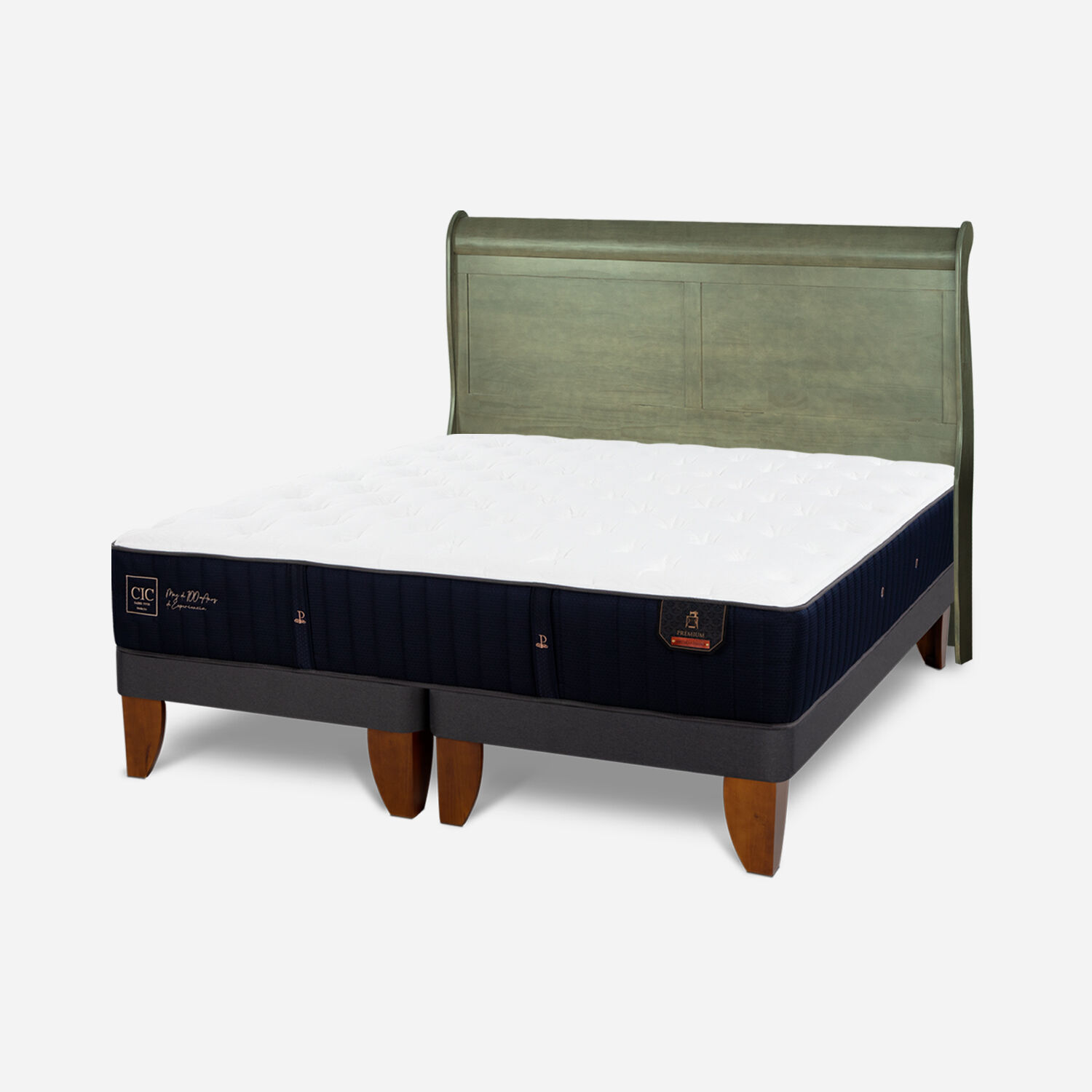 Cama Europea 2 Plazas Premium Base Dividida + Respaldo Mir&oacute; Olivo