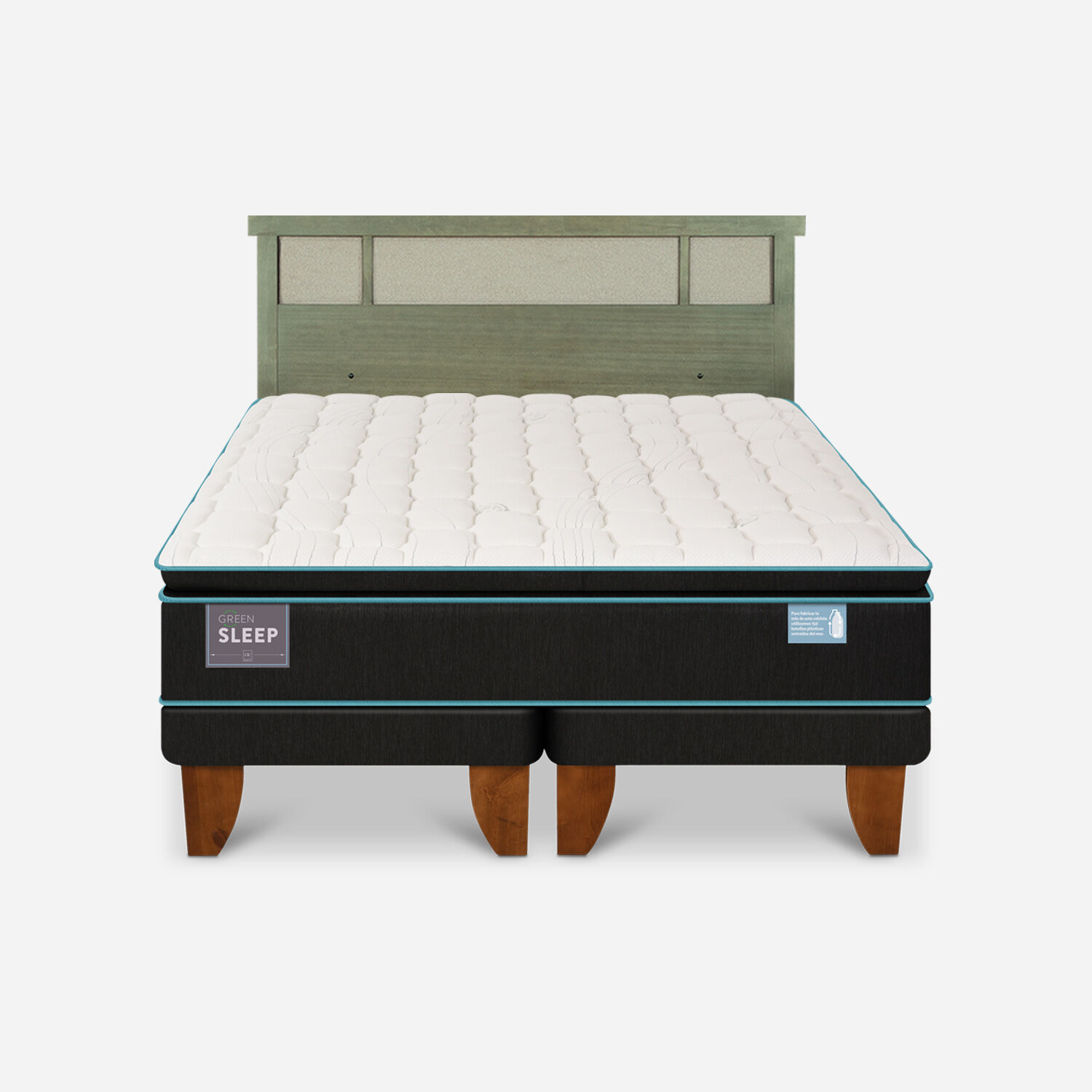 Cama Europea 2 Plazas Green Sleep Base Dividida + Respaldo Dubl&iacute;n Olivo