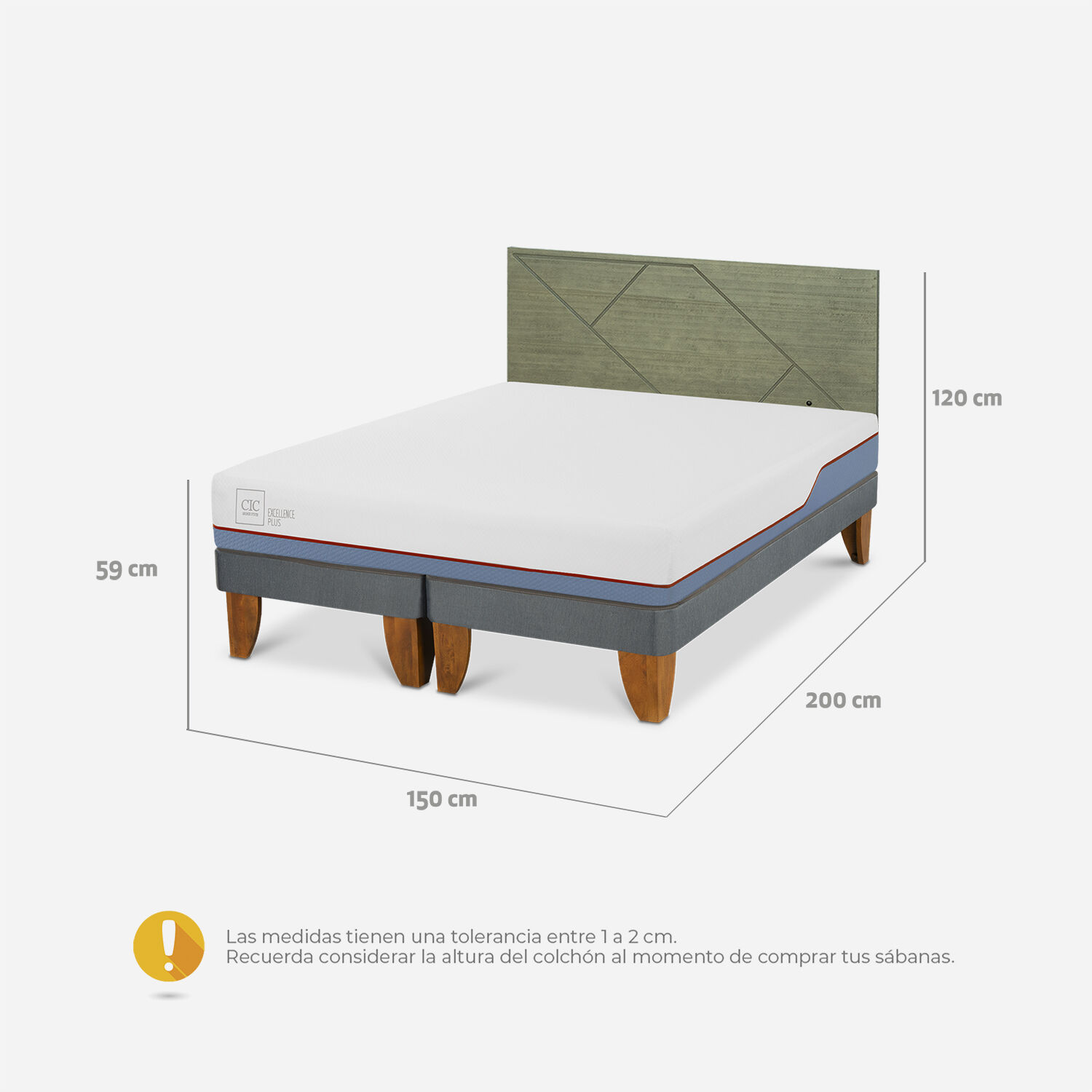 Cama Europea 2 Plazas Excellence Plus Base Dividida + Respaldo Villarrica Olivo