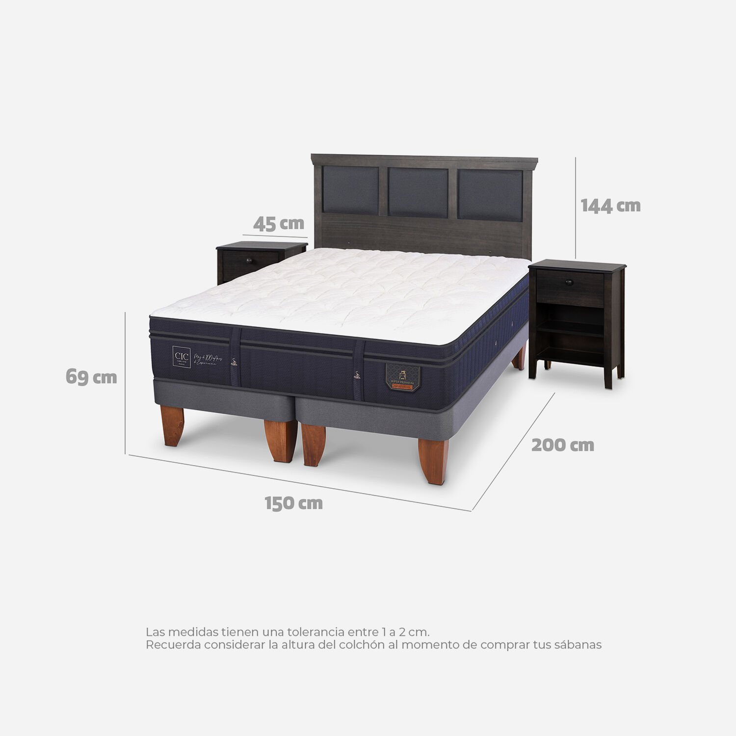 Cama Europea 2 Plazas Super Premium Base Dividida + Set Torino Gris