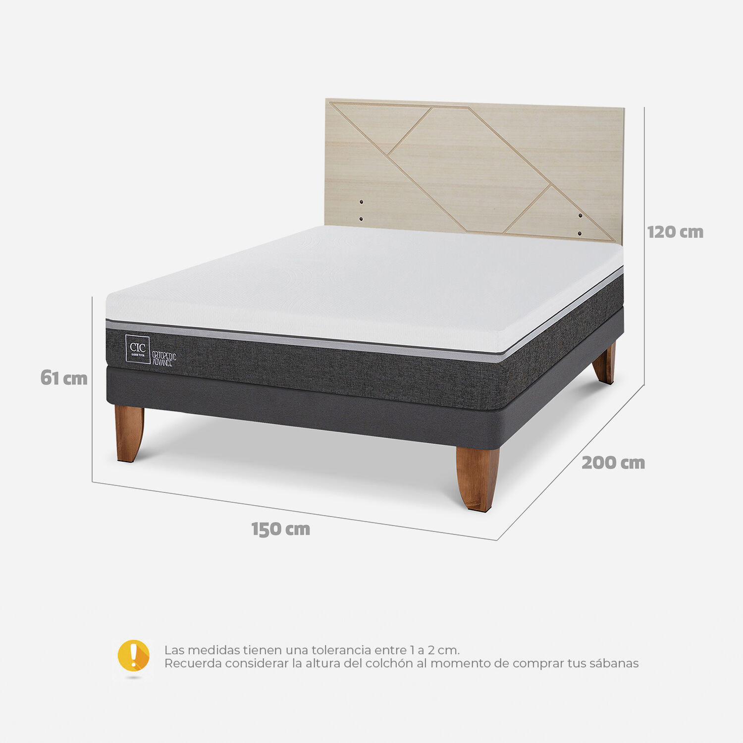 Cama Europea 2 Plazas Ortopedic Advance Base Normal + Respaldo Villarrica Alpino