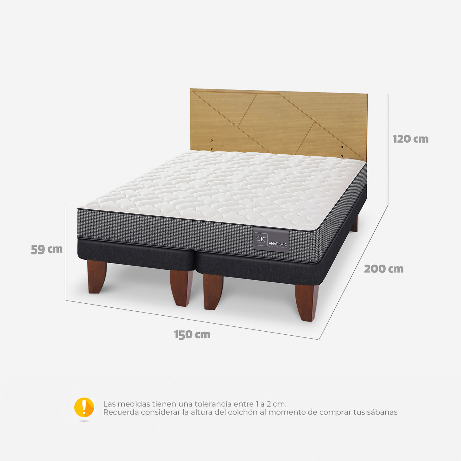 Cama Europea 2 Plazas Anatomic Base Dividida + Respaldo Villarrica Mostaza