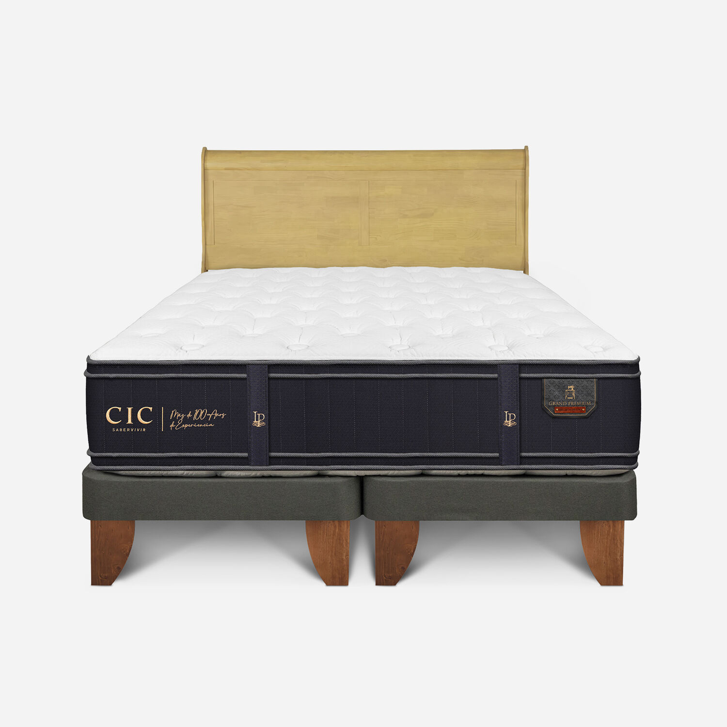 Cama Europea 2 Plazas Grand Premium Base Dividida + Respaldo Mir&oacute; Mostaza